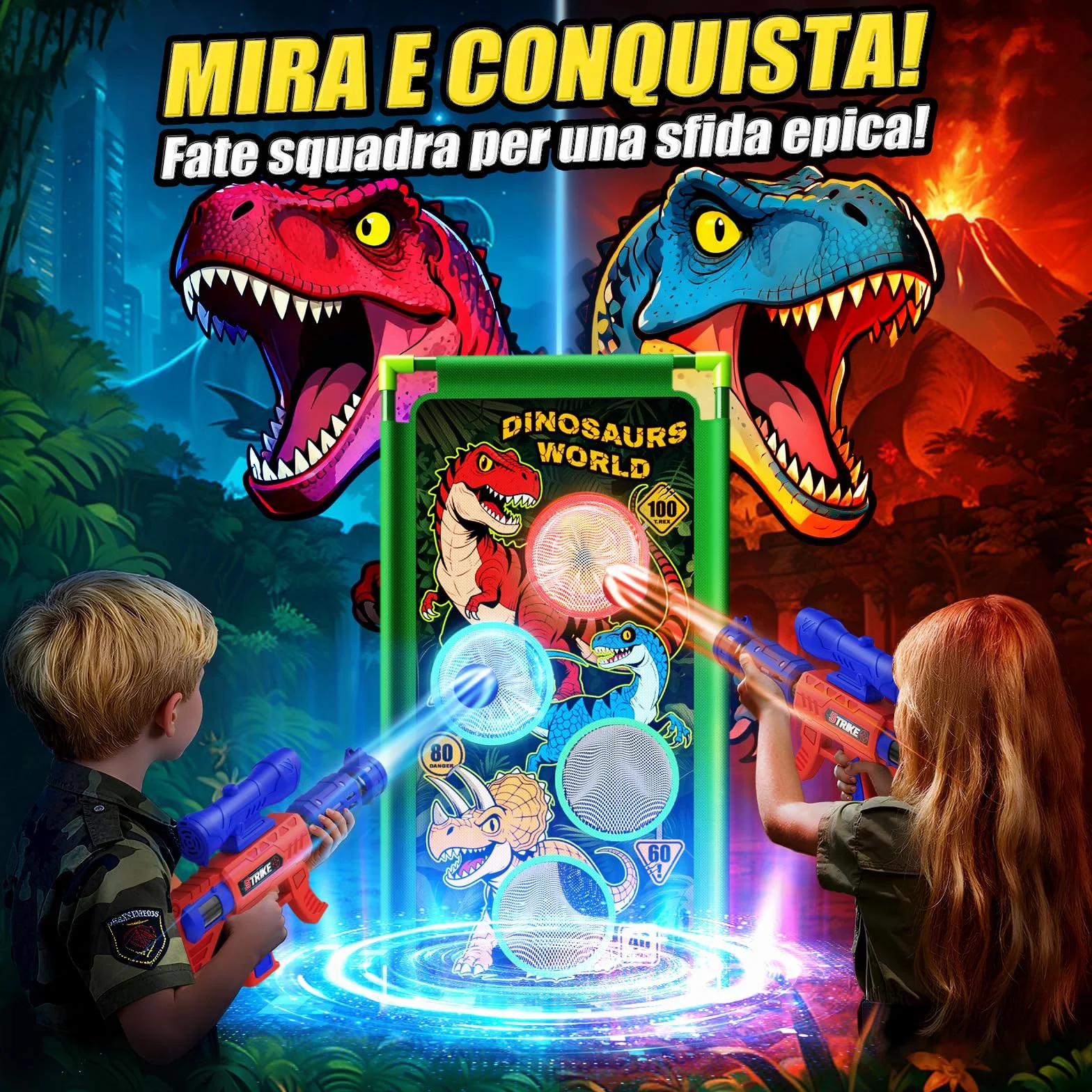 Giochi di Tiro al Bersaglio Dinosauro Giocattolo per Bambini 3-12 Anni 2 Air Blaster con Mira, 4 Bersagli e 24 Palline di Schiuma