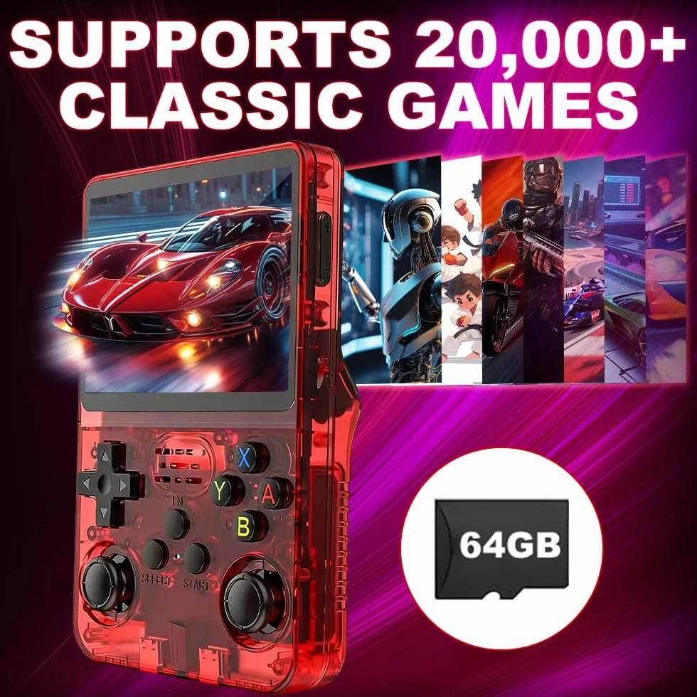 R36s - Console da gioco portatile retrò con display da 3,5 pollici, scheda TF da 64 GB e 15.000 giochi classici, console portatile R36s (rosso)