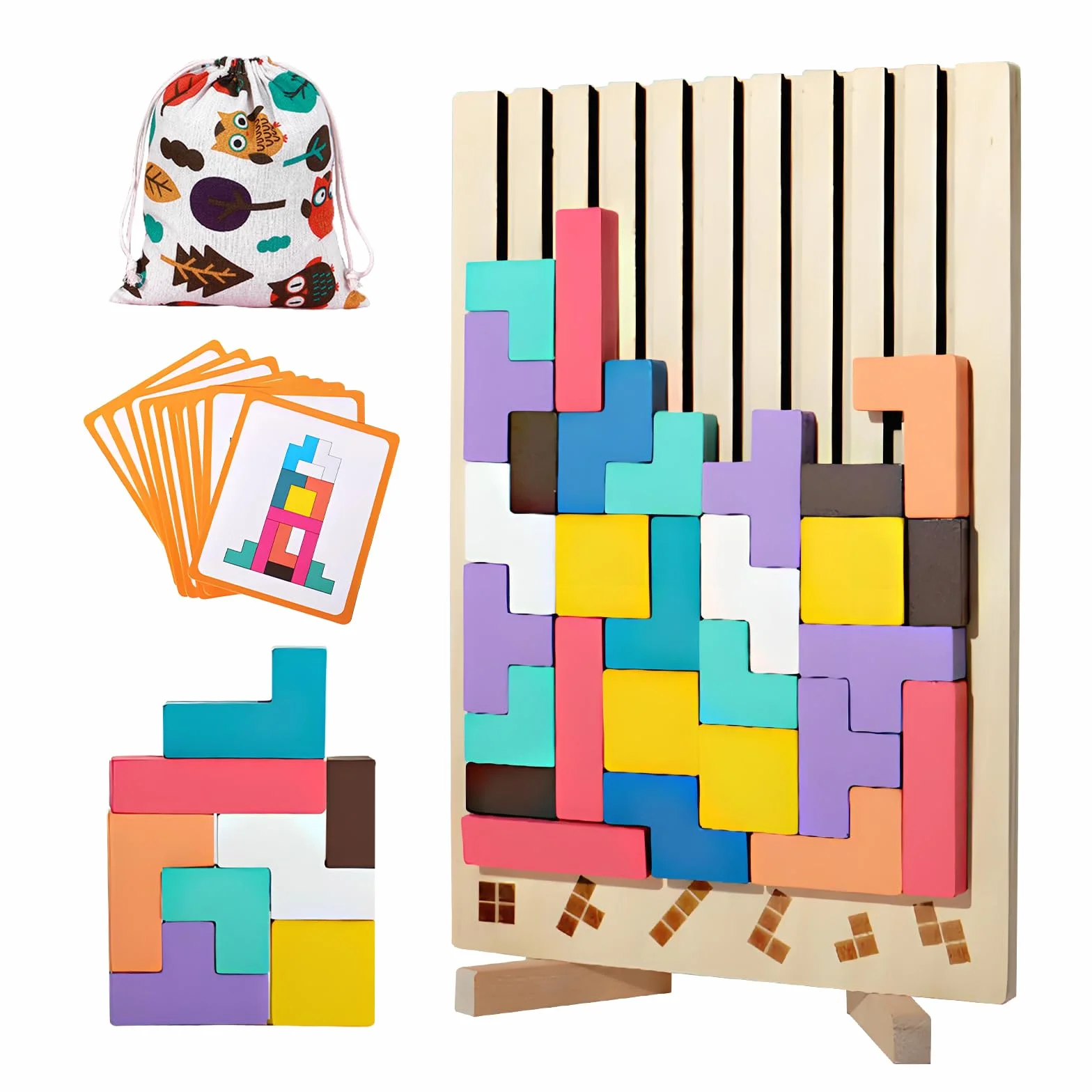 Tetris Gioco per Bambini con Borsa Puzzle di Legno Montessori