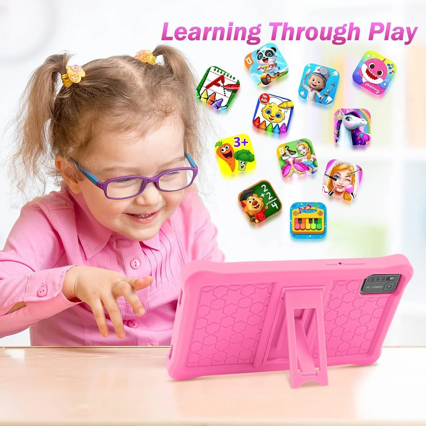 Tablet bambini 7 pollici con Controllo Parentale, Android 13, Schermo IPS, 8GB RAM 64GB ROM(256 GB Espandibile), WiFi, App Pre-installed, Doppia fotocamera, Tablet Educativo con Custodia (Rosa)