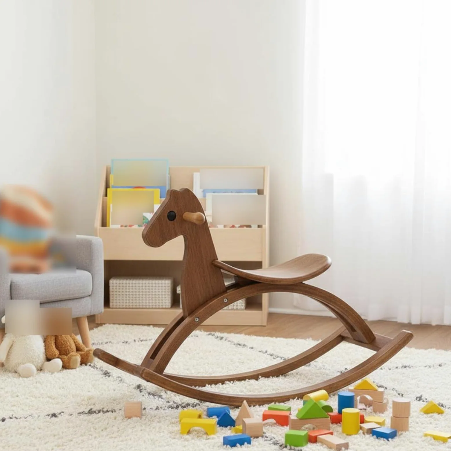 Cavallo a Dondolo per Bambini Cavallo Dondolo Giocattolo Sedia in Legno Massello con Vernice a Base d'Acqua Seduta Sagomata E Maniglie Antiscivolo, color to 1