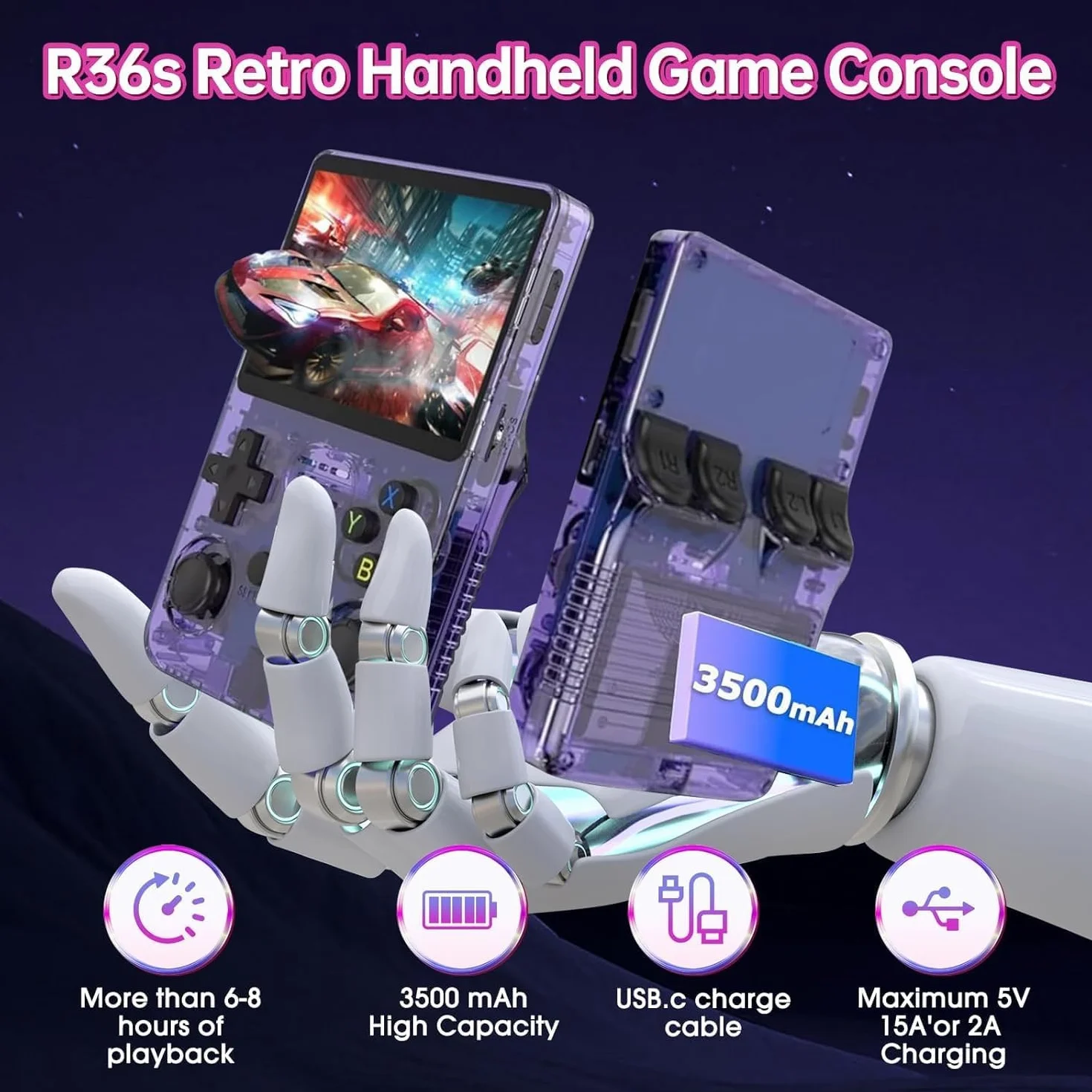Console di gioco portatile retrò R36S, console di gioco retrò con schermo IPS da 4,0", oltre 30 emulatori tradizionali, oltre 22.000 giochi classici, scheda SD 128 GB, batteria da 4000 mAh - Viola