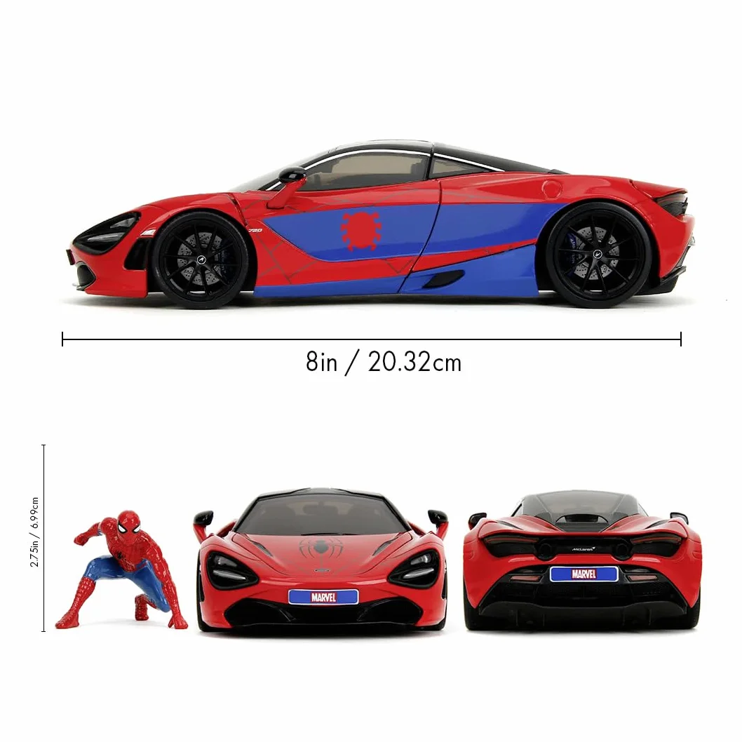 Jada Toys Marvel Auto McLaren 720S (19 cm) con personaggio Spider-Man (5 cm) - Modellino auto con parti apribili, set di giocattoli in metallo per fan e bambini dagli 8 anni in su