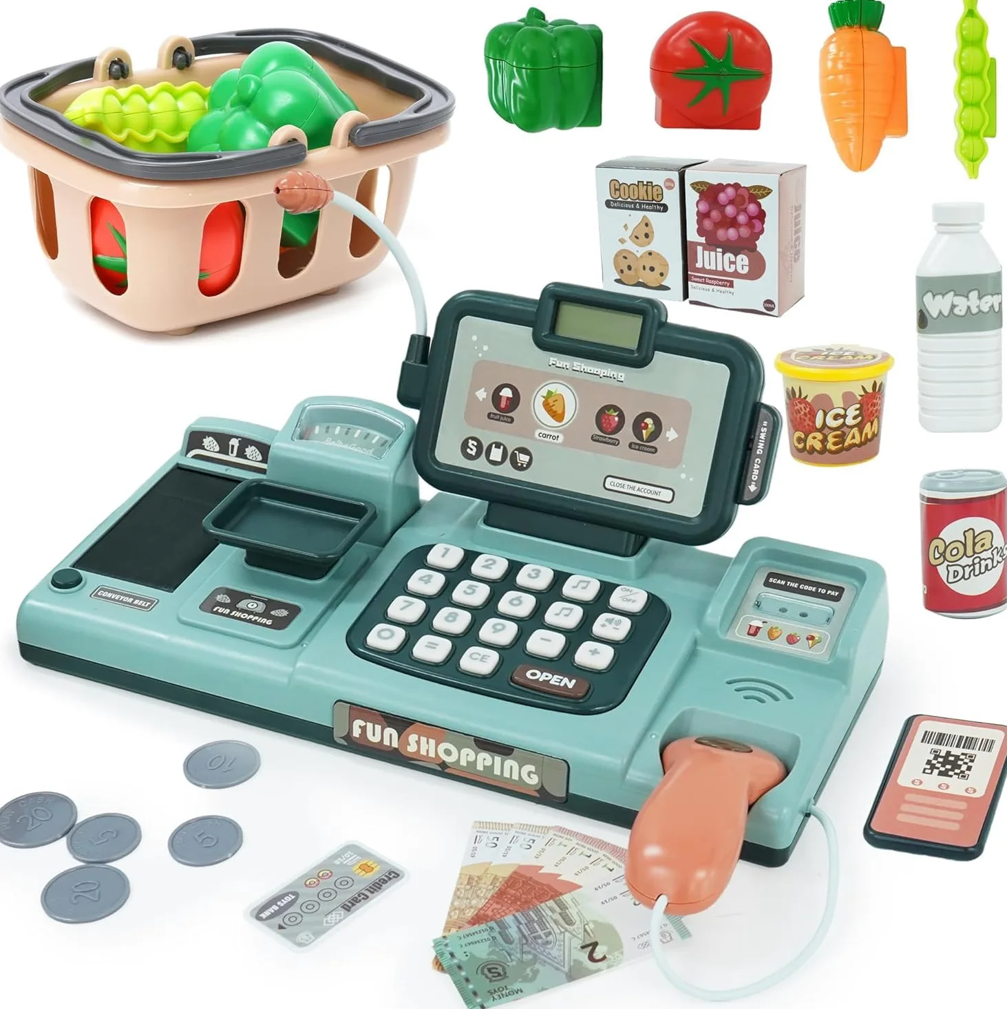 Registratore di Cassa Giocattolo con Scanner, Microfono, Suono, Nastro e Lettore di Carta Set di Accessori, Supermercato Giocattolo per Bambini 3 4 5 Anni Ragazza Ragazzo, Verde