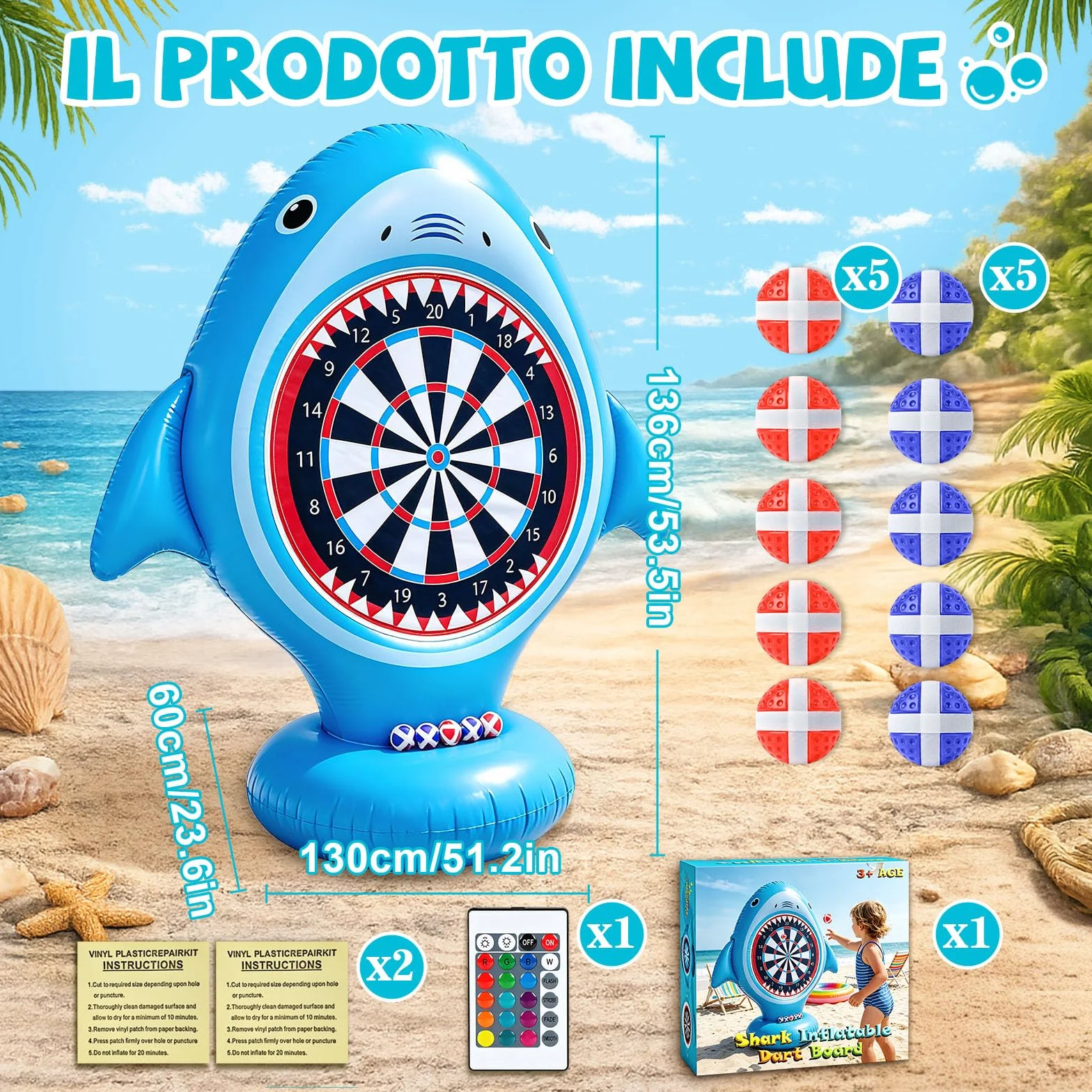 Gioco Gonfiabile Bersaglio, Bersaglio Freccette Gonfiabile - 10 Palline Velcro, Giochi Piscina Bambini Adulti, Gioco Lancio Bersaglio Famiglia Giardino Spiaggia