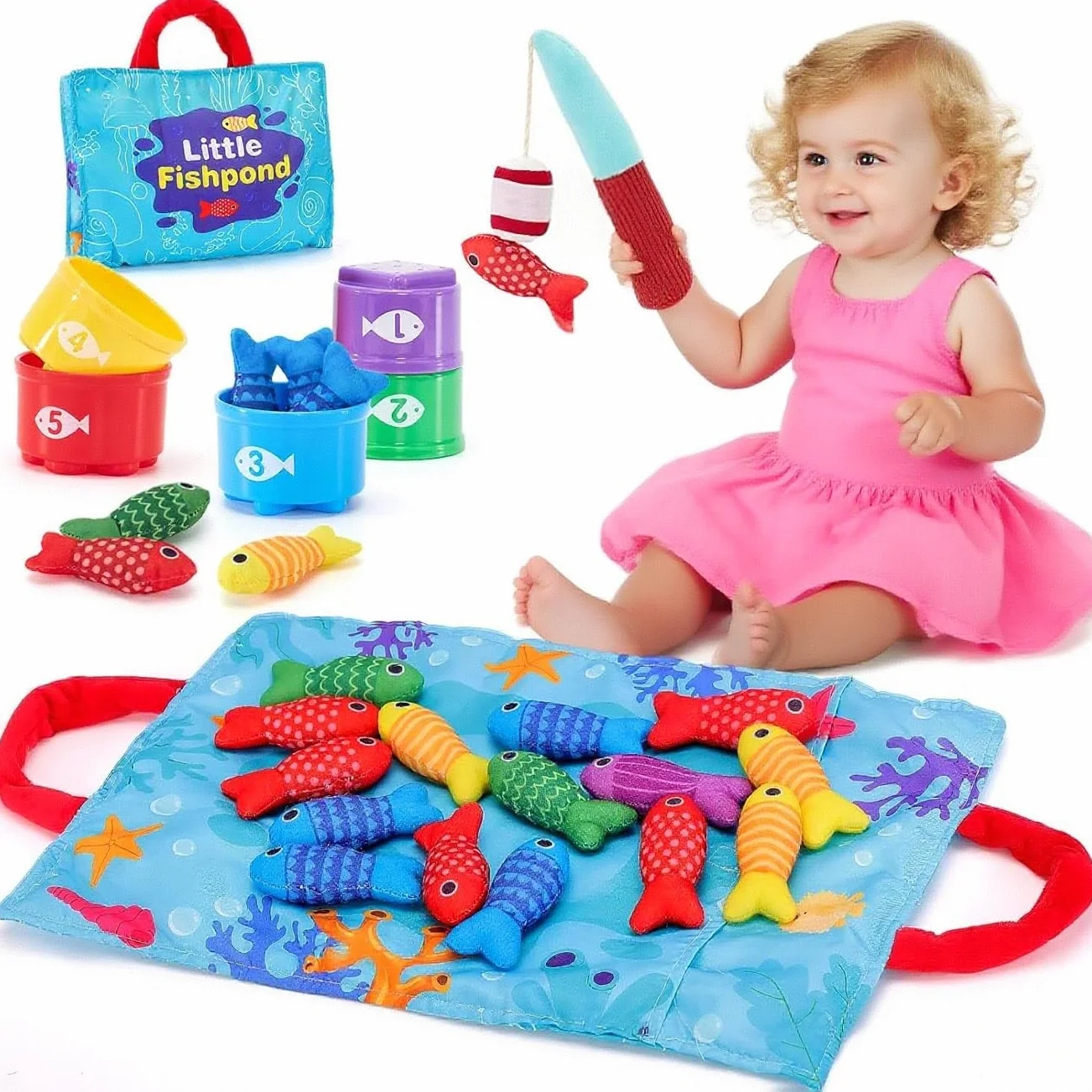 Gioco Pesca Magnetico Morbido in Tessuto per Bambini 1-3 Anni, Giocattolo Educativo Montessori con 15 Pesci e Secchielli