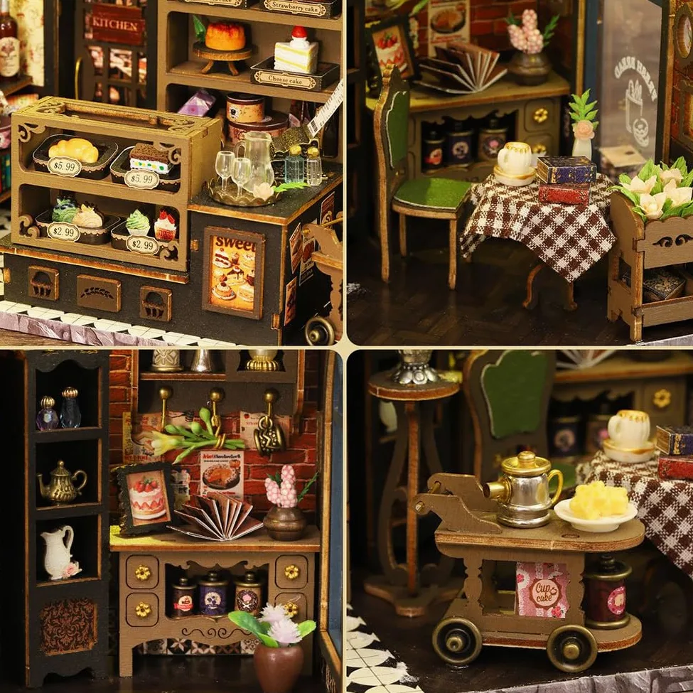 Kit puzzle 3D in legno, fai da te in miniatura casa delle bambole con luci a LED, decorazione da giardino per dessert, scaffale per libri, regalo creativo per adulti e ragazzi