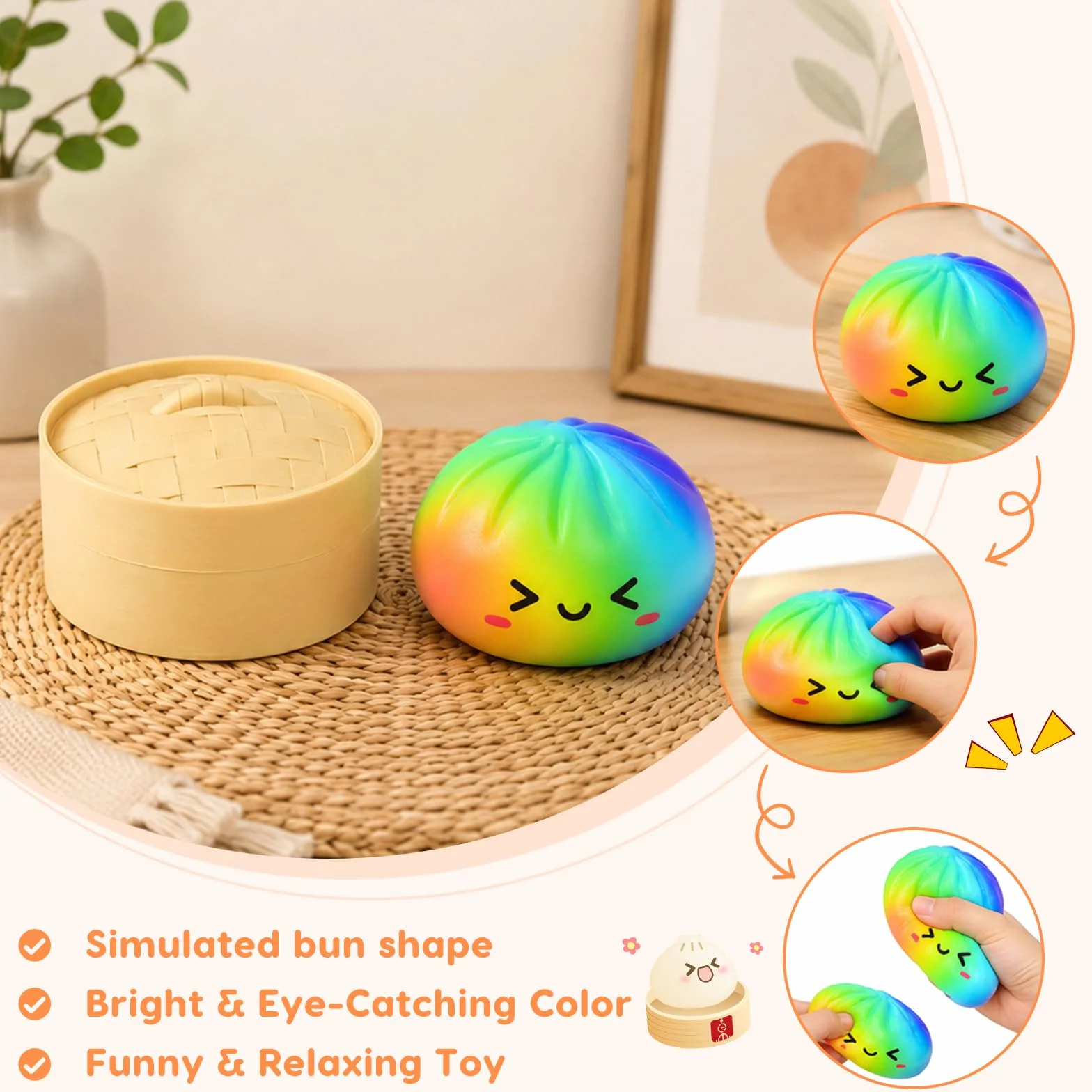Dumpling Squishy con Vaporiera 9,5 cm, Glitter Squishy Dumpling Mystery, Giocattolo Anti-Stress Slow Rising Bao Bun Balla Antistress (Rainbow)