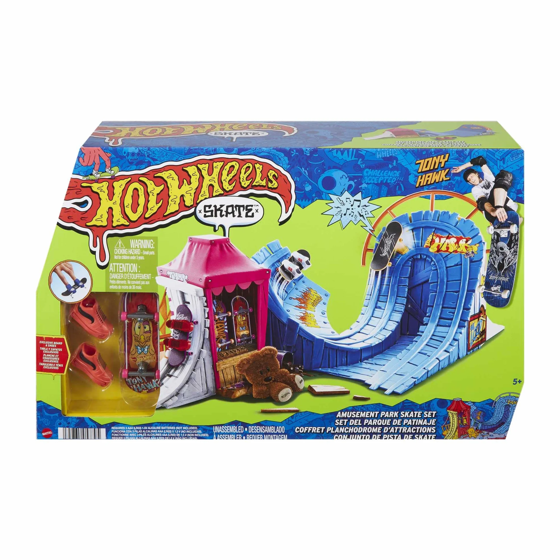 Hot Wheels Skate - Set parco Divertimenti Skateboard, include 1 fingerboard Tony Hawk in esclusiva e 1 paio di scarpe da skate, con suoni attivati dai bambini, giocattolo per bambini, 5+ anni, HGT95