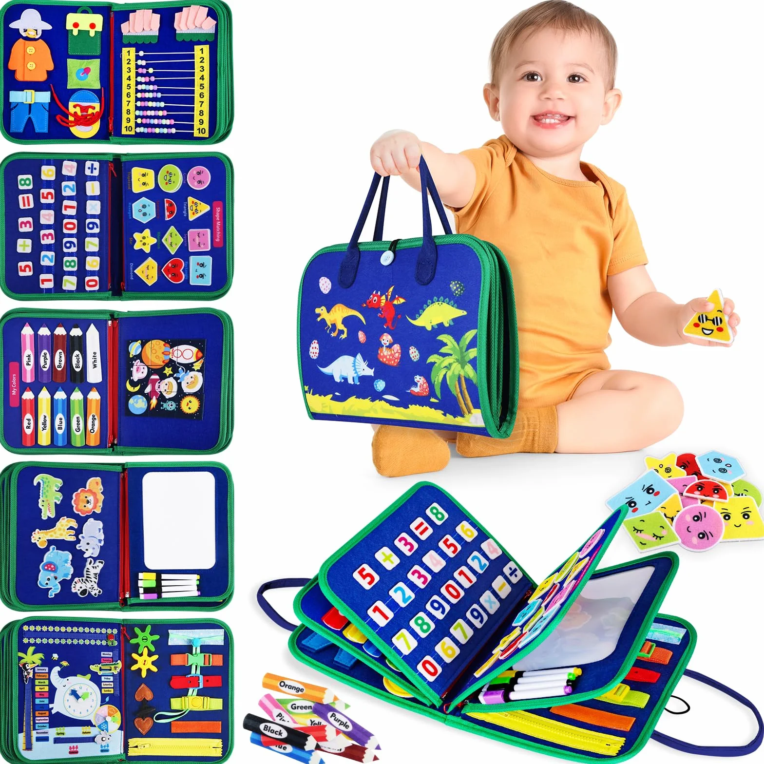 Montessori Busy Board di Feltro, Giochi Montessori Didattici Libro Interattivo per 1-6 Anni Bambini, Regalo Bambino, Giocattoli da Viaggio - Blu