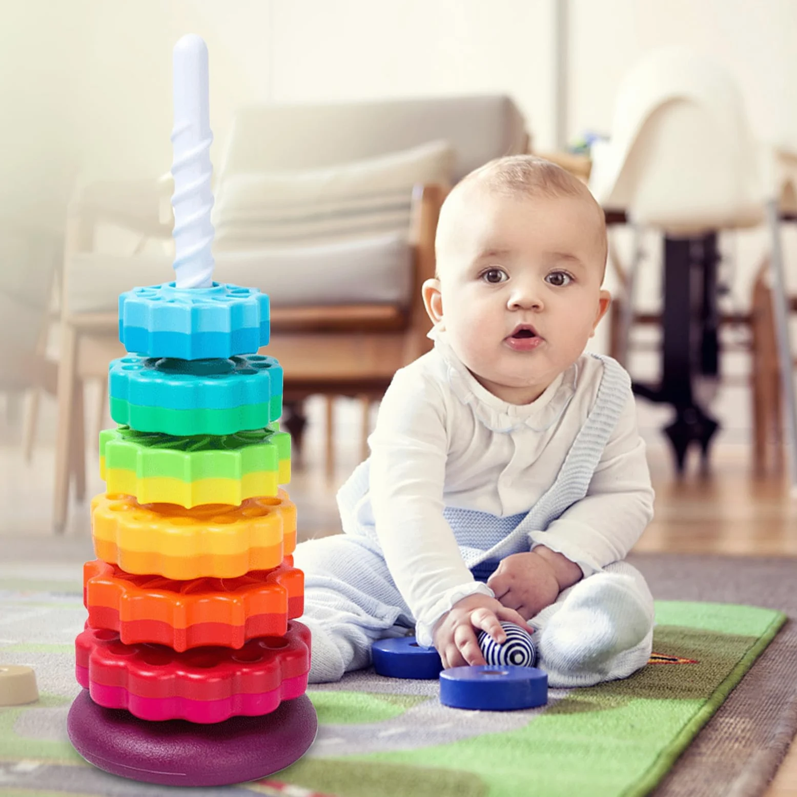 Giocattolo impilabile: anello a torre , ingranaggi sensoriali, gioco educativo a motore fine, ruota a colori interattivi | Giocattolo di apprendimento precoce per ragazzi