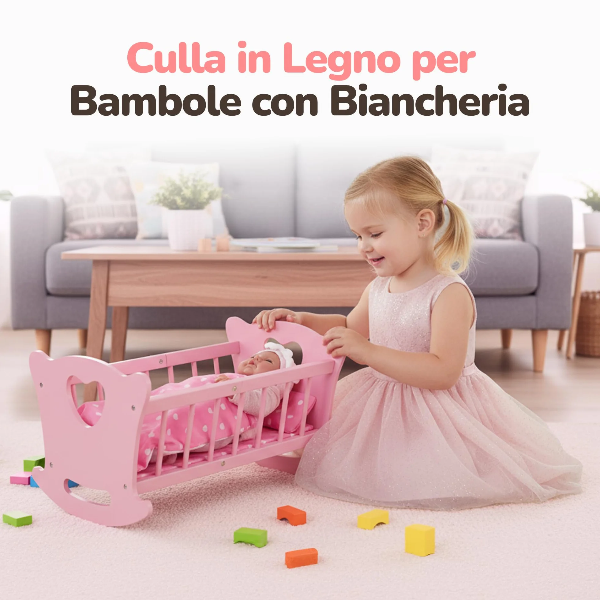 Kinderplay Culla per bambole in legno con biancheria da letto, letto a dondolo per bambole fino a 49,5 cm, giocattolo sostenibile in legno per ragazze dai 3 anni in su, letto per bambole con materasso