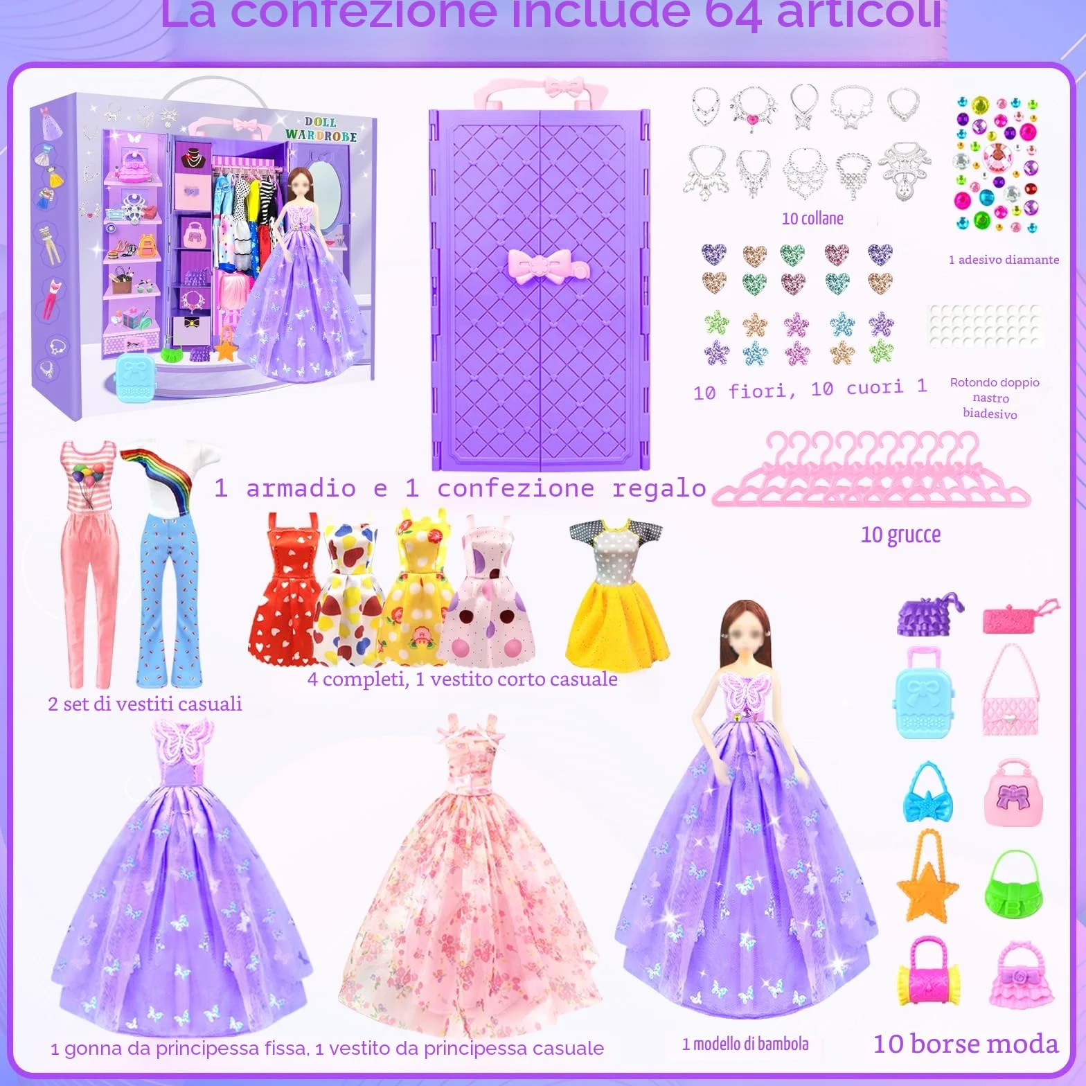 65 Vestiti e accessori per Bambole con Armadio per Bambole da 11,5 pollici - Set di Bambola di Design Inclusi Abiti da Sposa e Vestiti di Moda Top e Pantaloni per Ragazze (include la bambola)