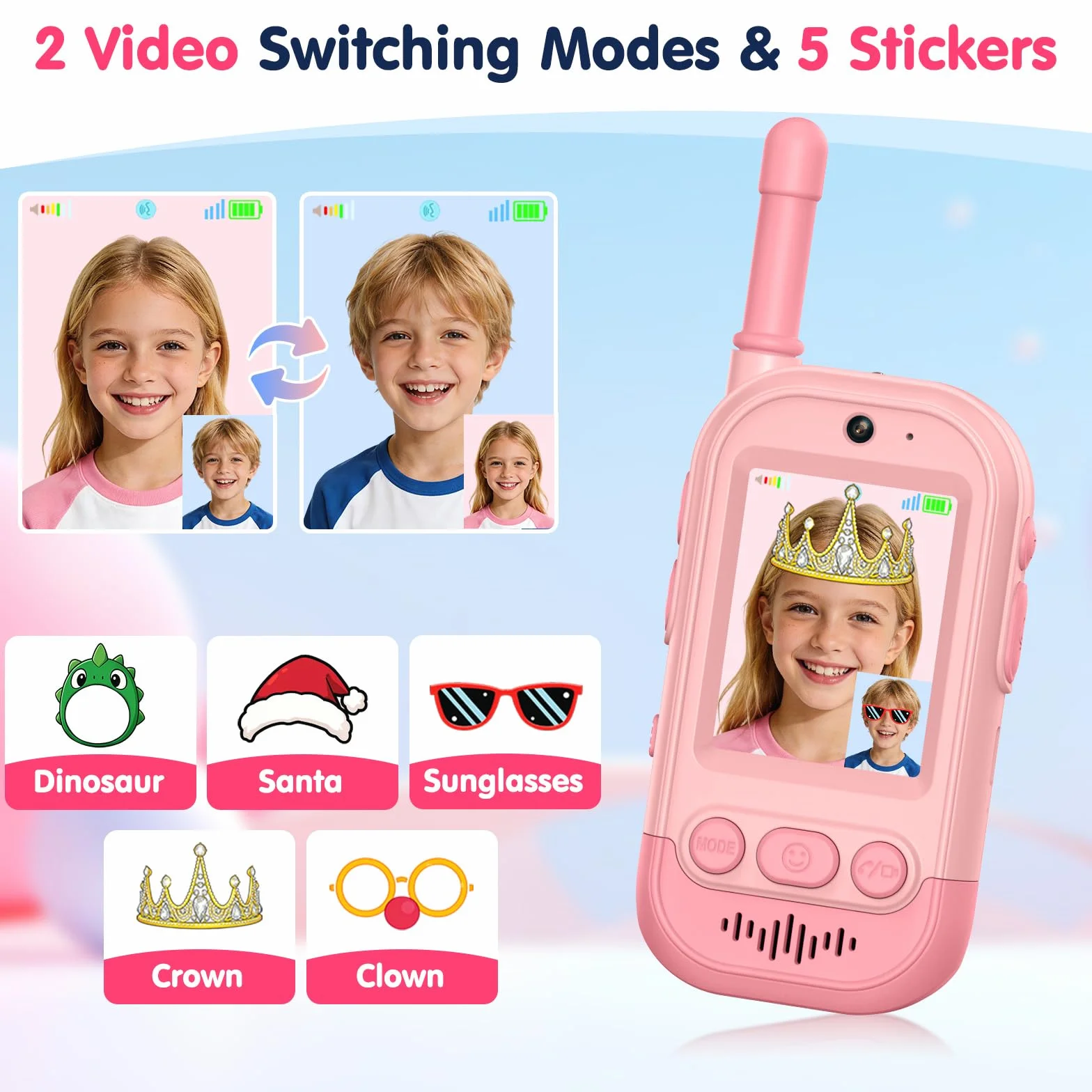 Gofunly Video Walkie Talkie Bambini Set da 2 Ricaricabili Interfono Video Giochi Interni Esterni Rosa Blu