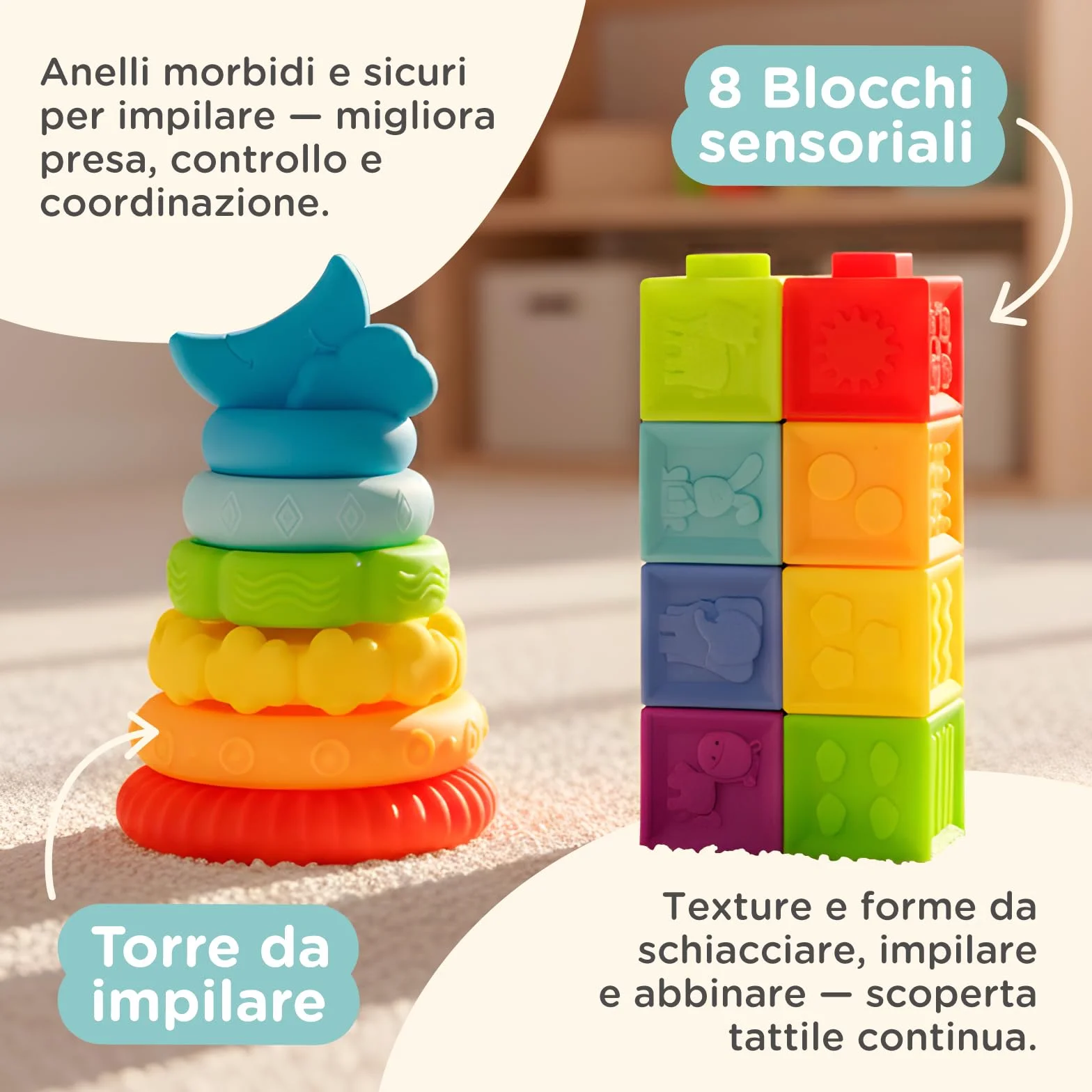 Nene Toys Giocattoli Montessori per Bebè 6–12 Mesi – Giochi Educativi Sensoriali in Legno – Scatola della Permanenza, Torre da Impilare, Libro in Stoffa, Massaggiagengive, Sonaglio & Blocchi Morbidi