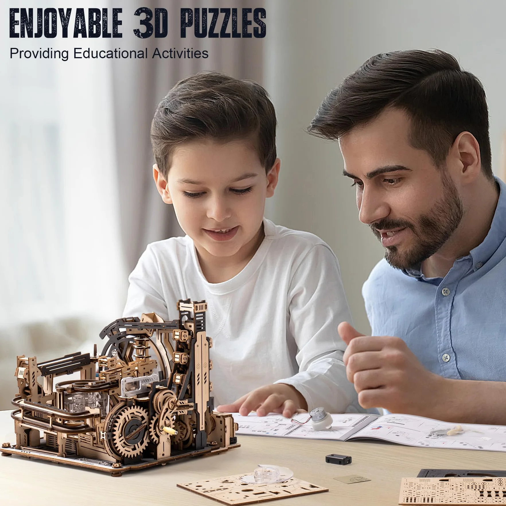 ROKR Piste da corsa Puzzle 3D Legno Modellini da Costruire in Legno, Kit Modello Meccanico a Motore con sfere, Modalità Automatiche e Manuali, Marble Spaceport, LGC01