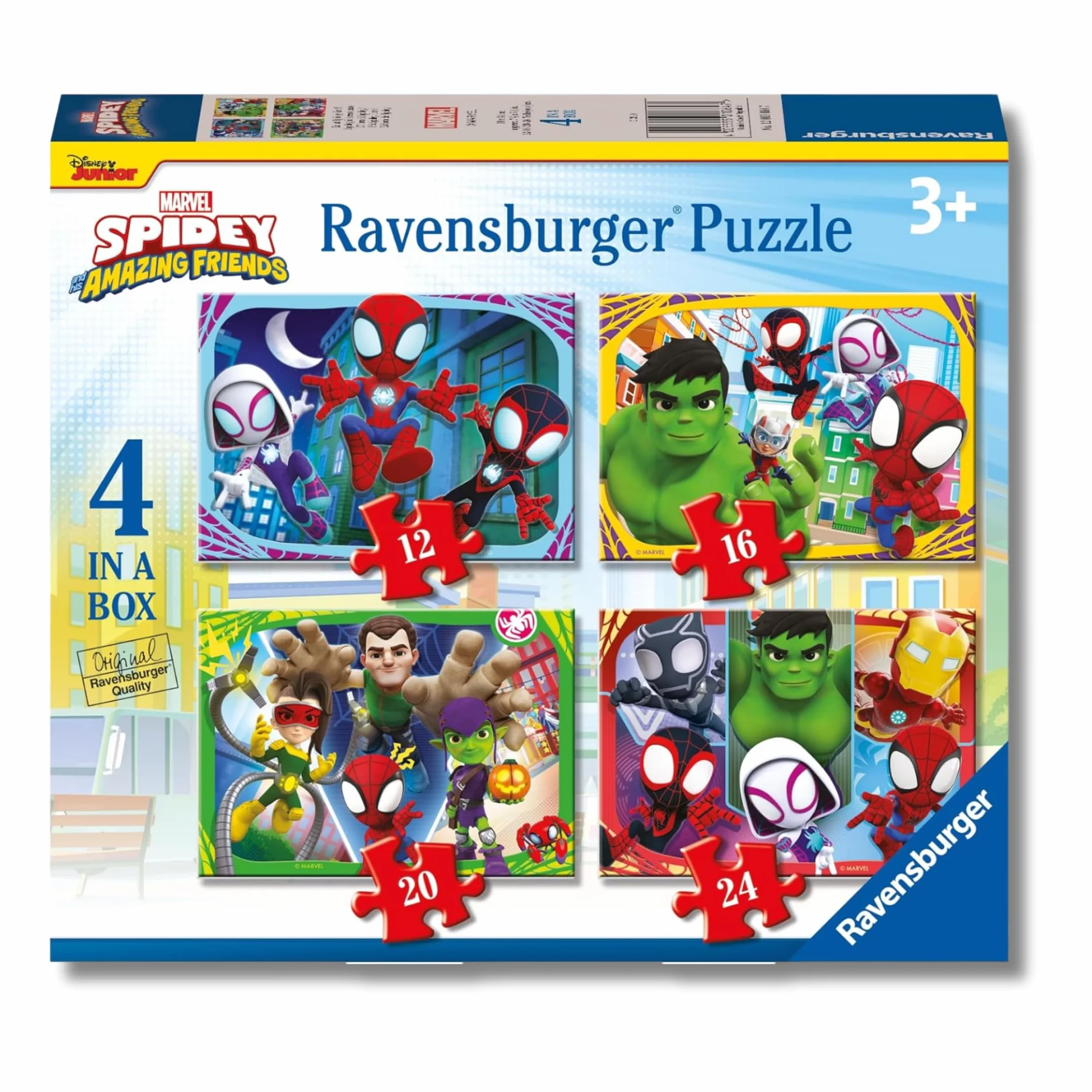 Ravensburger - Puzzle Bambini 3 Anni 4 in a box, Spidey - Puzzle 3 Anni, Collezione Marvel, Include 4 Puzzle 12-16-20-24 Pezzi Progressivi, Giochi Educativi, Idee Regalo
