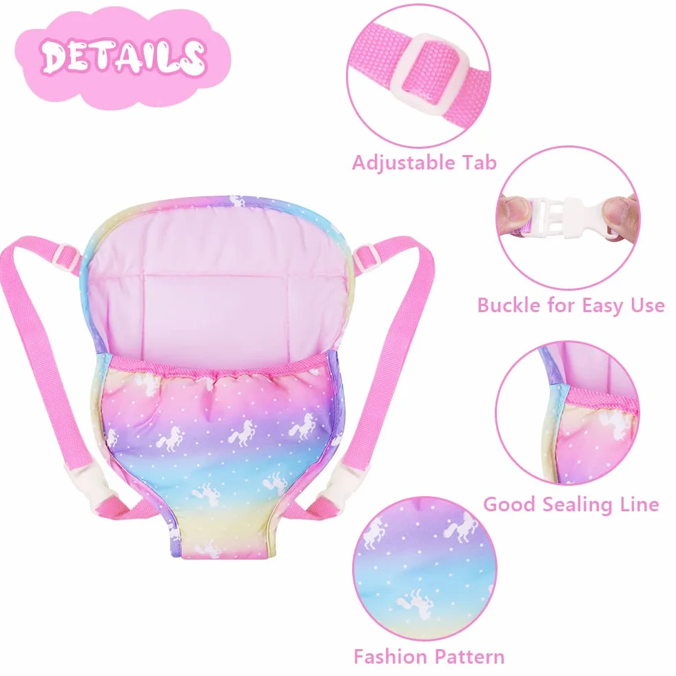 Aolso Zaini per Carrier Bambole, 18IN Marsupio per Bambole, Marsupio Giocattolo per Bambini con Spallacci Regolabili, Idee Regalo per Bambini, Colori dell'Arcobaleno