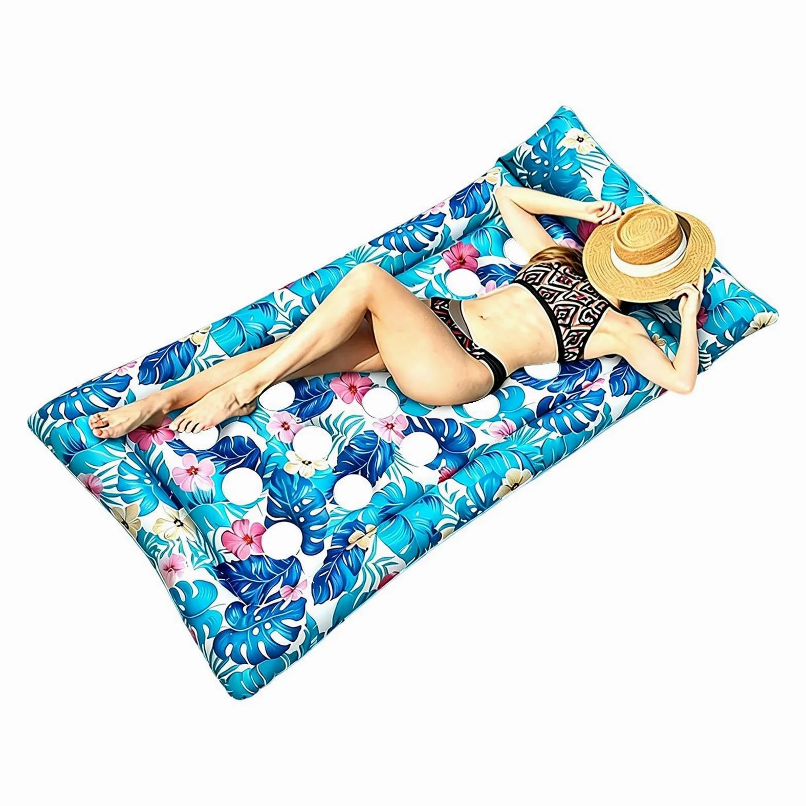 Lettino gonfiabile da piscina con stampa di foglie tropicali | Poltrona gonfiabile da piscina con poggiatesta in PVC, adatta per donne, bambini, prendere il sole, sport acquatici e vacanze