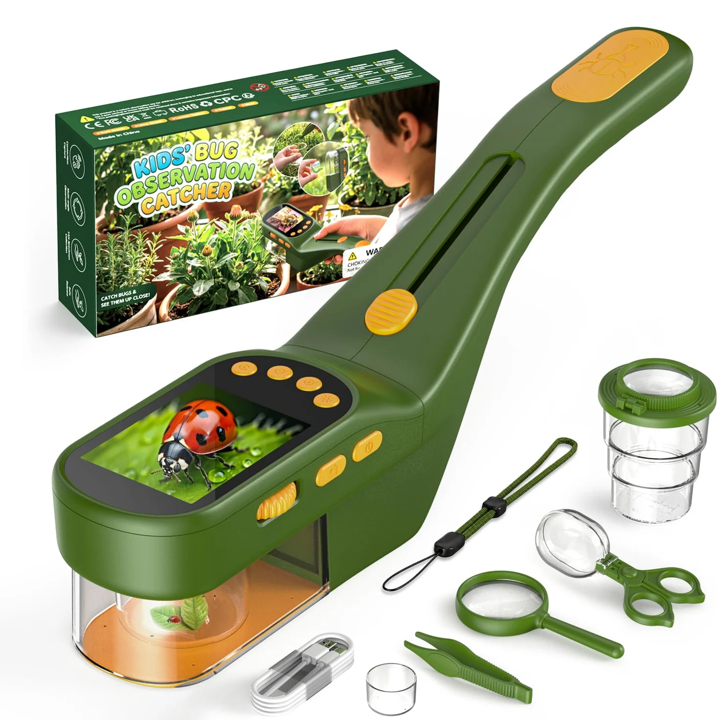 Cattura Insetti Bambini, Microscopio 500X IPS 2,4" 1080P STEM | 4 livelli di luminosità, batteria da 1000 mAh, foto e video, giocattolo di ricerca all'aperto, regalo per bambini dai 3 anni