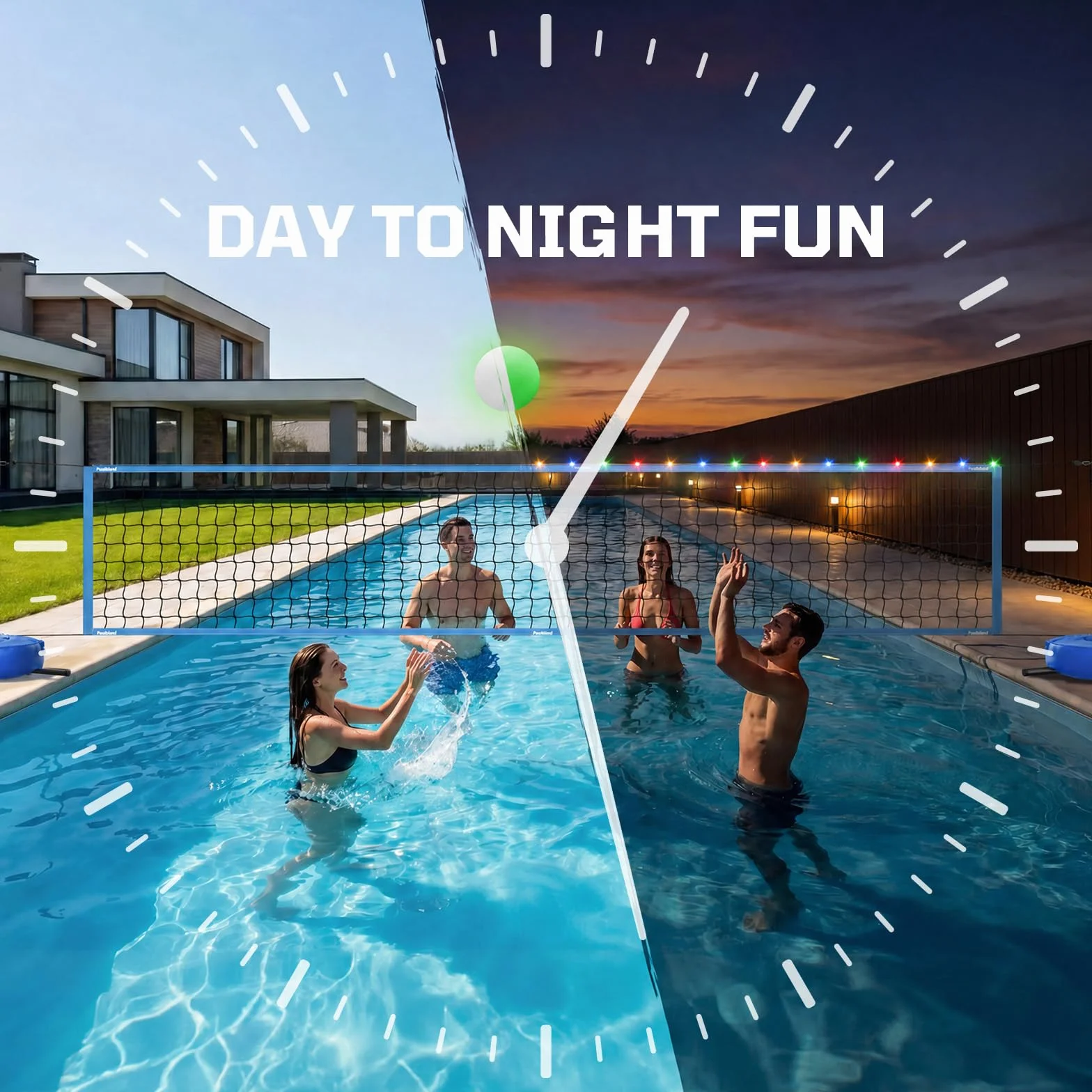 Haokelball Rete da pallavolo da piscina con luce, set da pallavolo da 4,5 a 9,5 m, lunghezza regolabile, rete da pallavolo per piscina con base ponderata, 2 palline da pallavolo Glow e pompa per