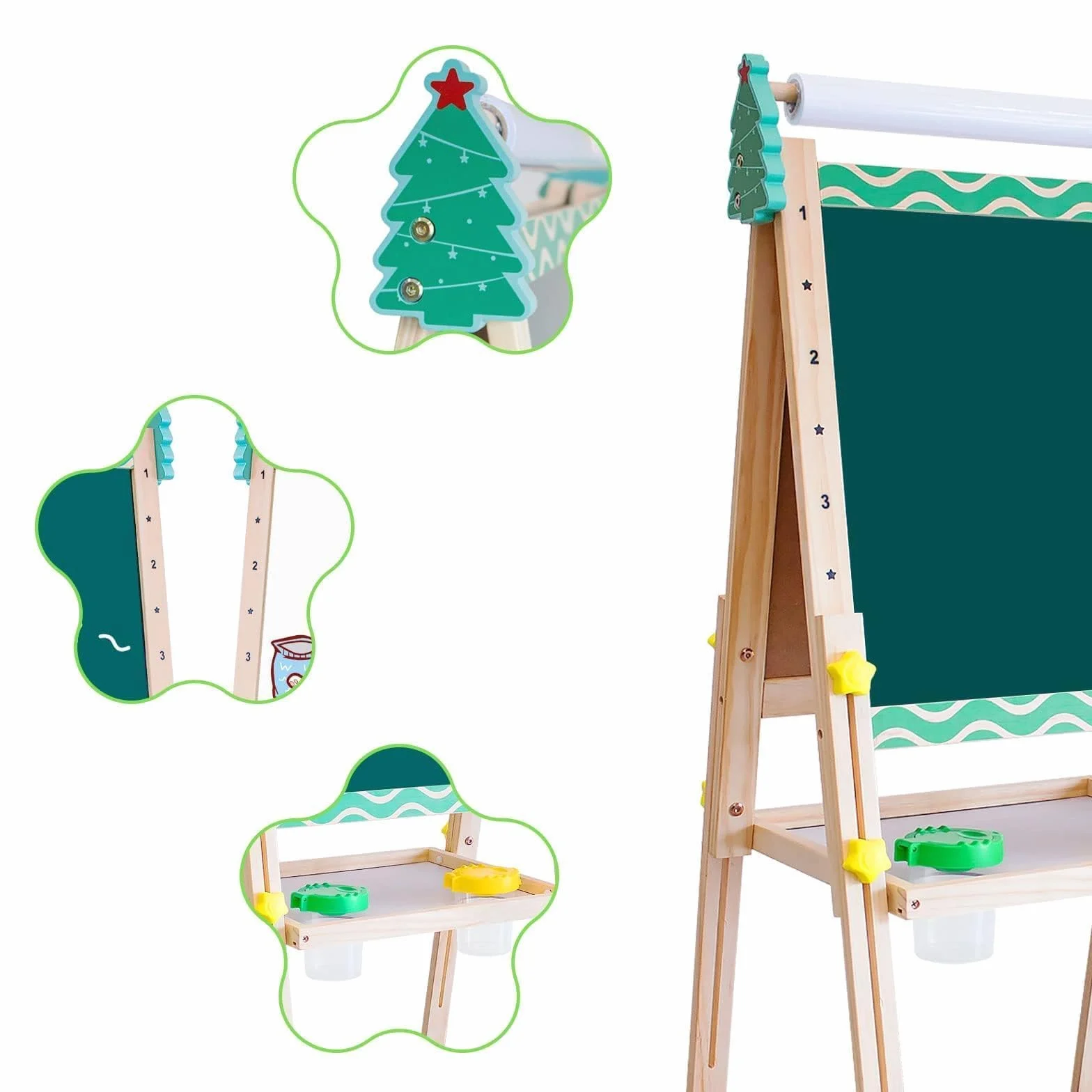 Lavagna Bambini Legno con Cavalletto e Rotolo di Carta Lavagna Bianca Regolabile in Altezza
