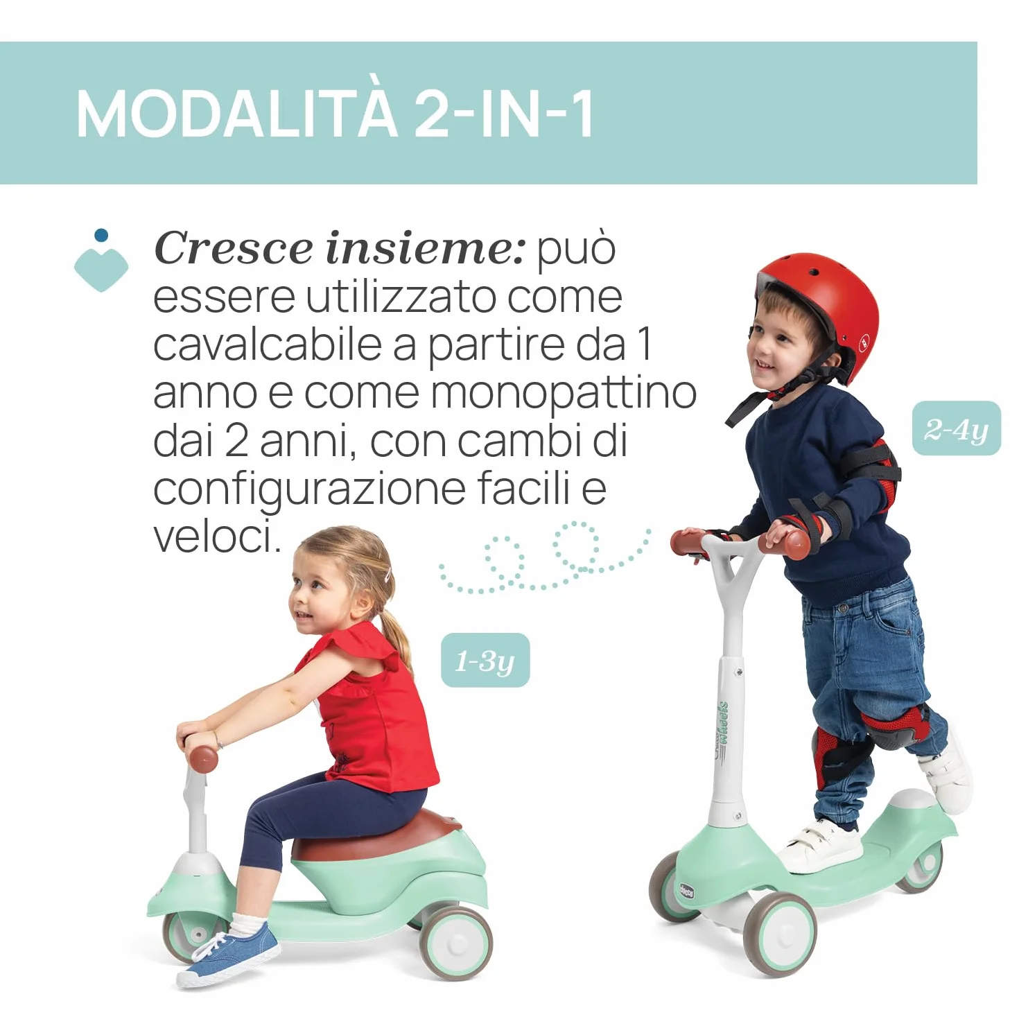 Chicco Monopattino Evolutivo 2 in 1 Cavalcabile 1 anno, Monopattino 2 anni, 20 kg, Manubrio Sterzante