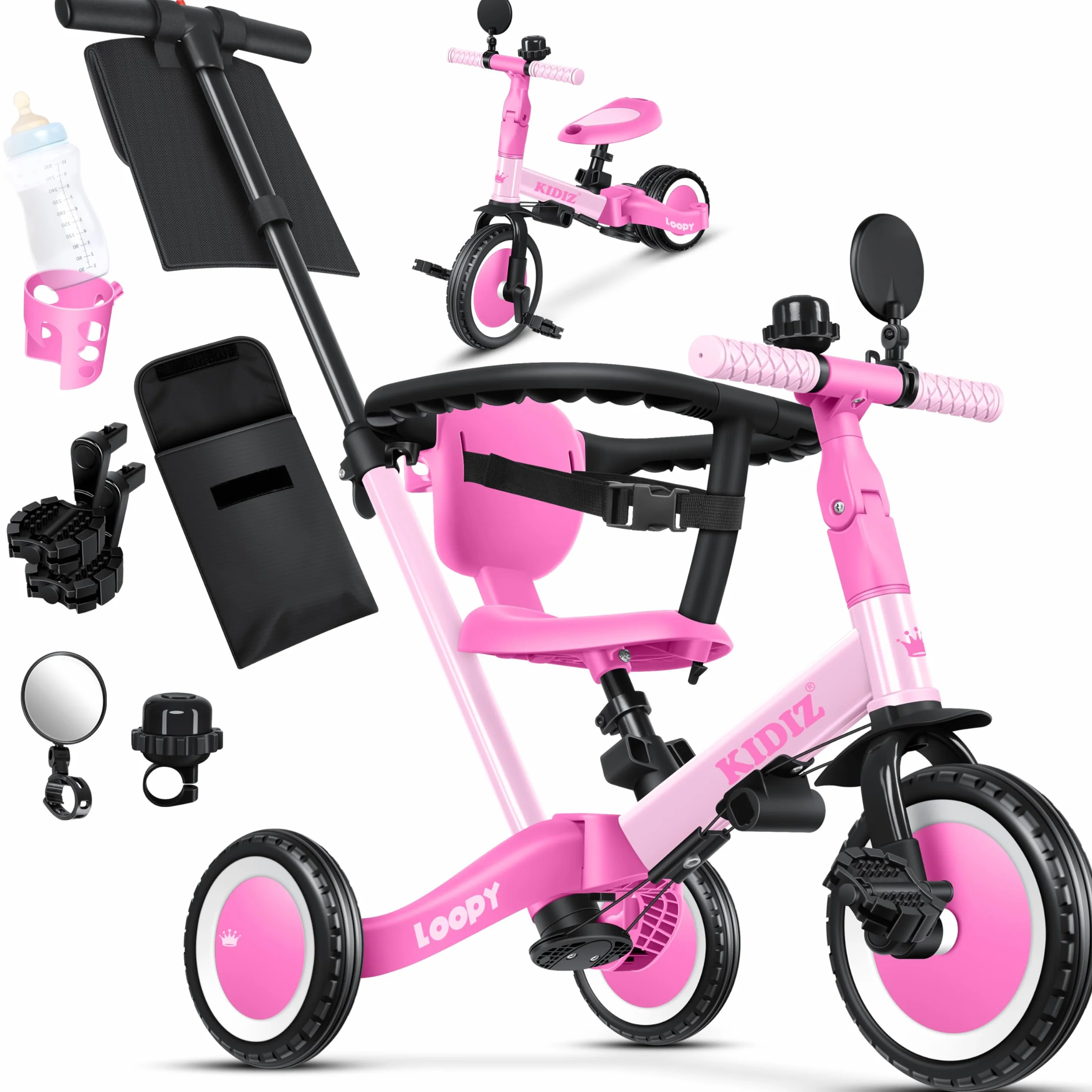 KIDIZ® 6in1 Balance Bike - Triciclo, Triciclo per Bambini, da 1 a 5 anni, capacità di carico fino a 25 kg, incl. Manubrio/Barra di sicurezza/Cintura di sicurezza/Campana e Specchio, Rosa