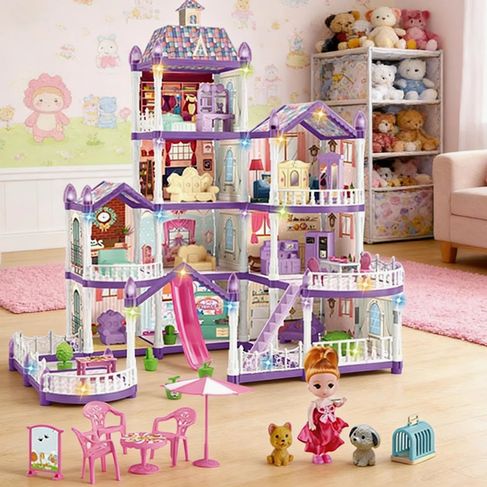 Casa delle Bambole per Ragazze 4 Piani 13 Stanze Villa Miniatura Da Montare | Villa con 3 Principesse, 2 Cuccioli e Arredamento Per Bambine 4-6 di Ruolo Indoor Regalo per Feste