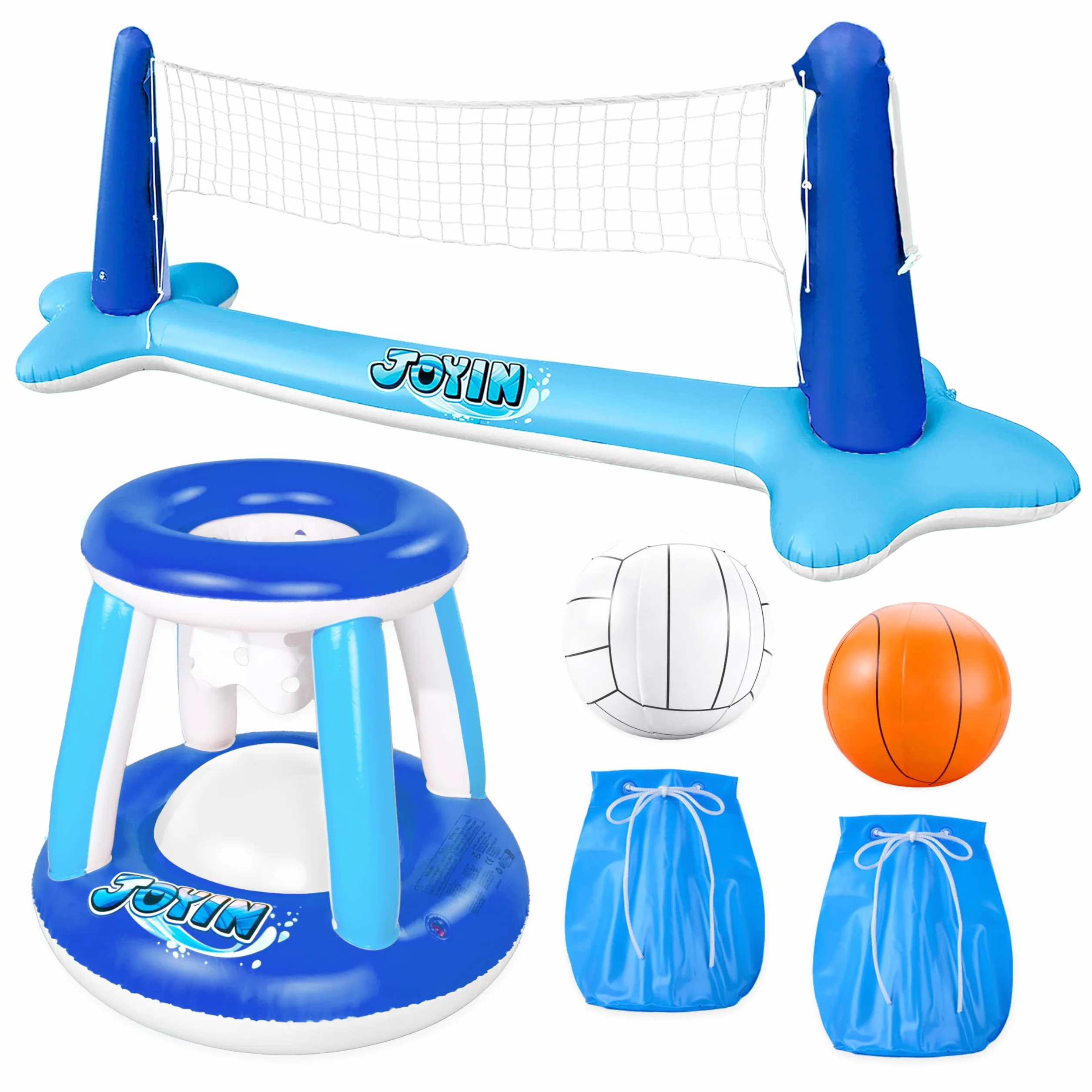 JOYIN Galleggianti gonfiabili per piscina, rete da pallavolo e canestro da basket, gioco di nuoto galleggiante per bambini/adulti, galleggianti estivi, giocattoli estivi per sport acquatici, blu scuro