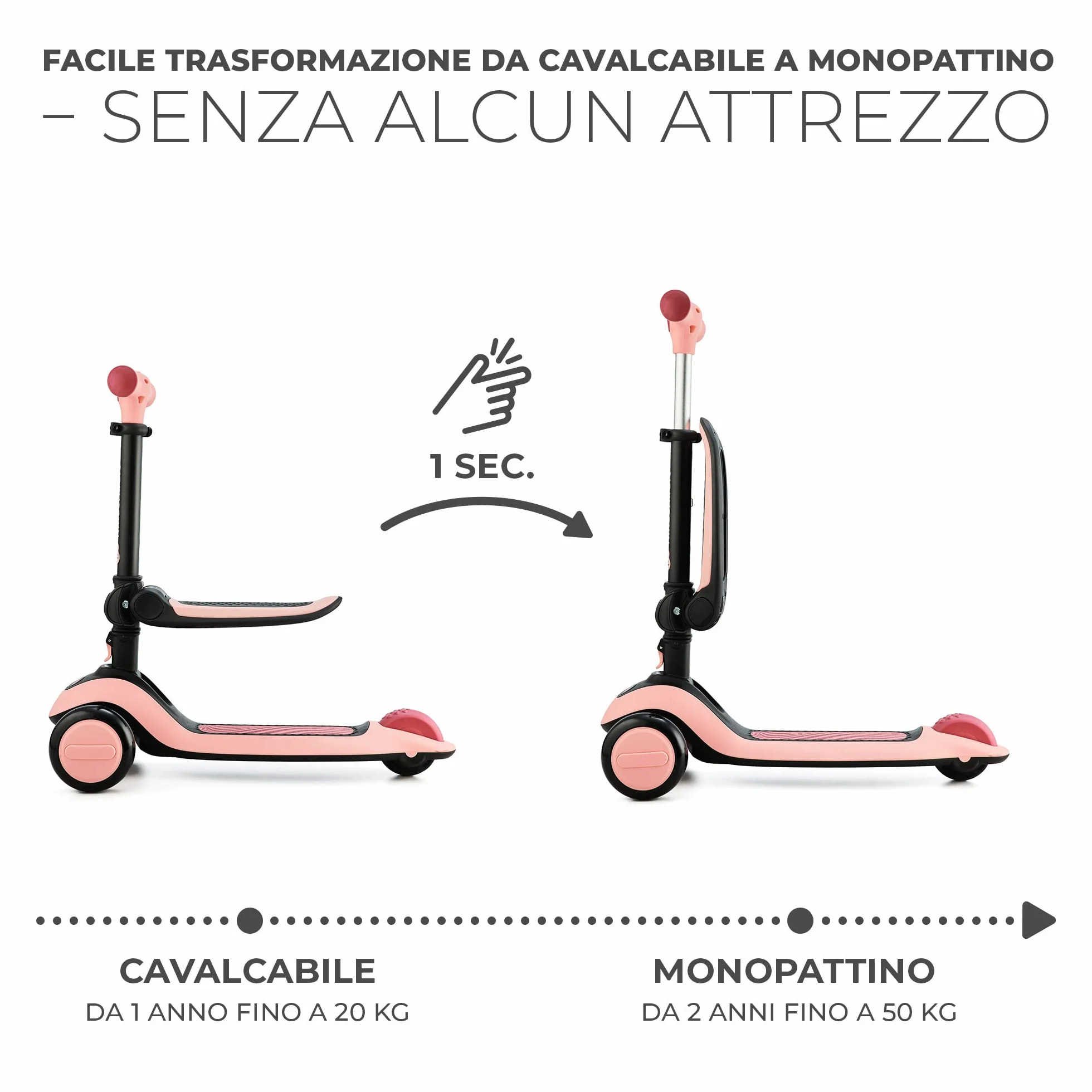 Kinderkraft HALLEY 2 in 1 Bicicletta Senza Pedali e Monopattino con Ruote LED, Rosa