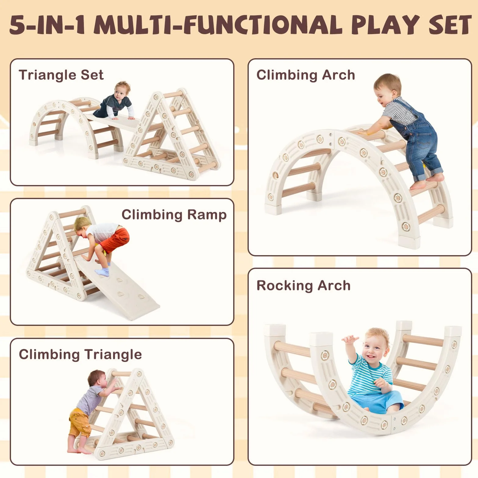 FANTASK Montessori - Set da arrampicata 5 in 1, con scivolo e triangolo in legno, giocattolo da arrampicata con rampa bifacciale, giocattolo per bambini dai 3 ai 6 anni
