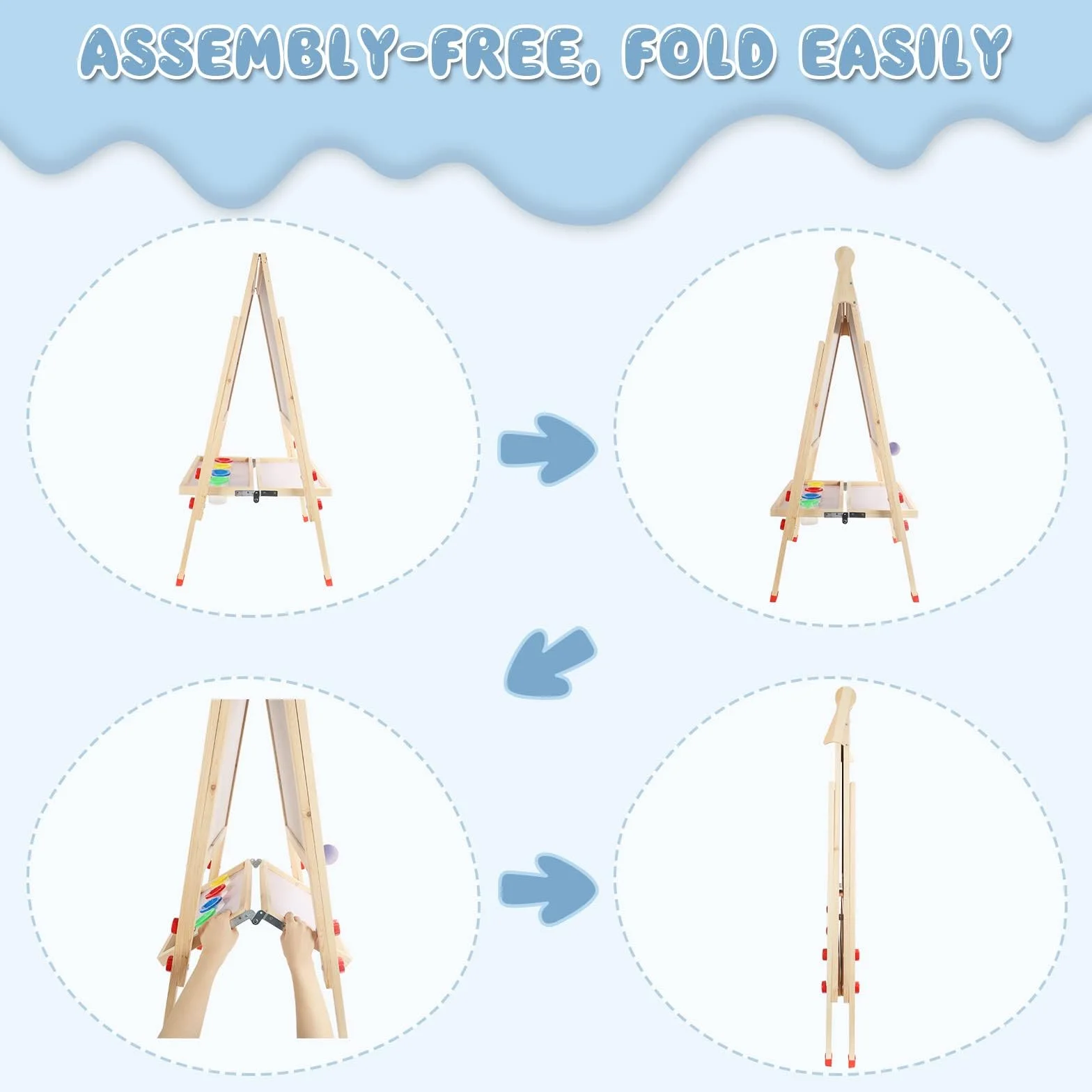 Dripex Bambini con Cavalletto pieghevole in Legno Regolabile in Altezza, Lavagna a Doppia Faccia con 26 Accessori per la pitturaper(49x49x88-105cm)