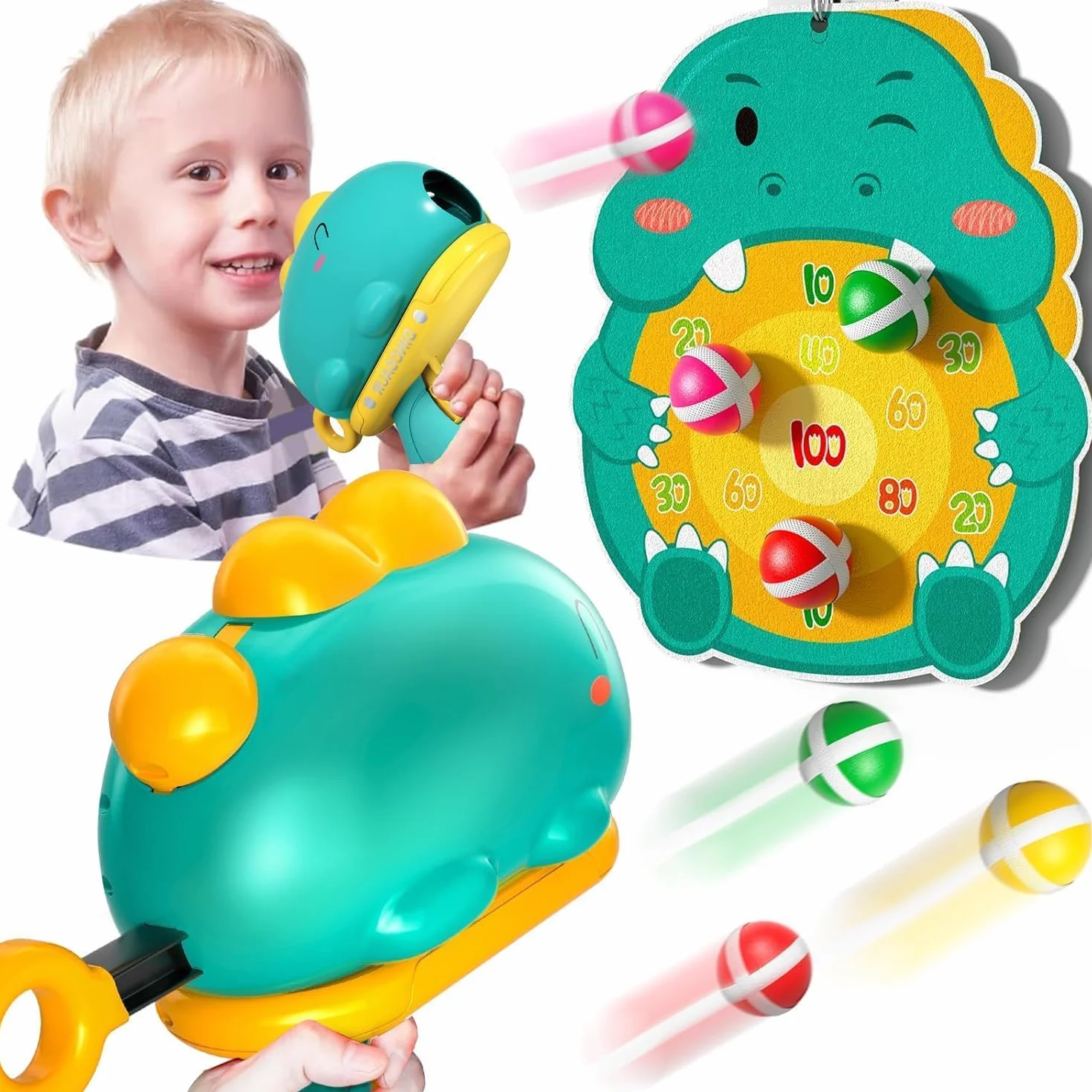 Gioco Freccette Bambini Dinosauro Pistola Blaster Giocattolo Bersaglio 12 Palline Appiccicose