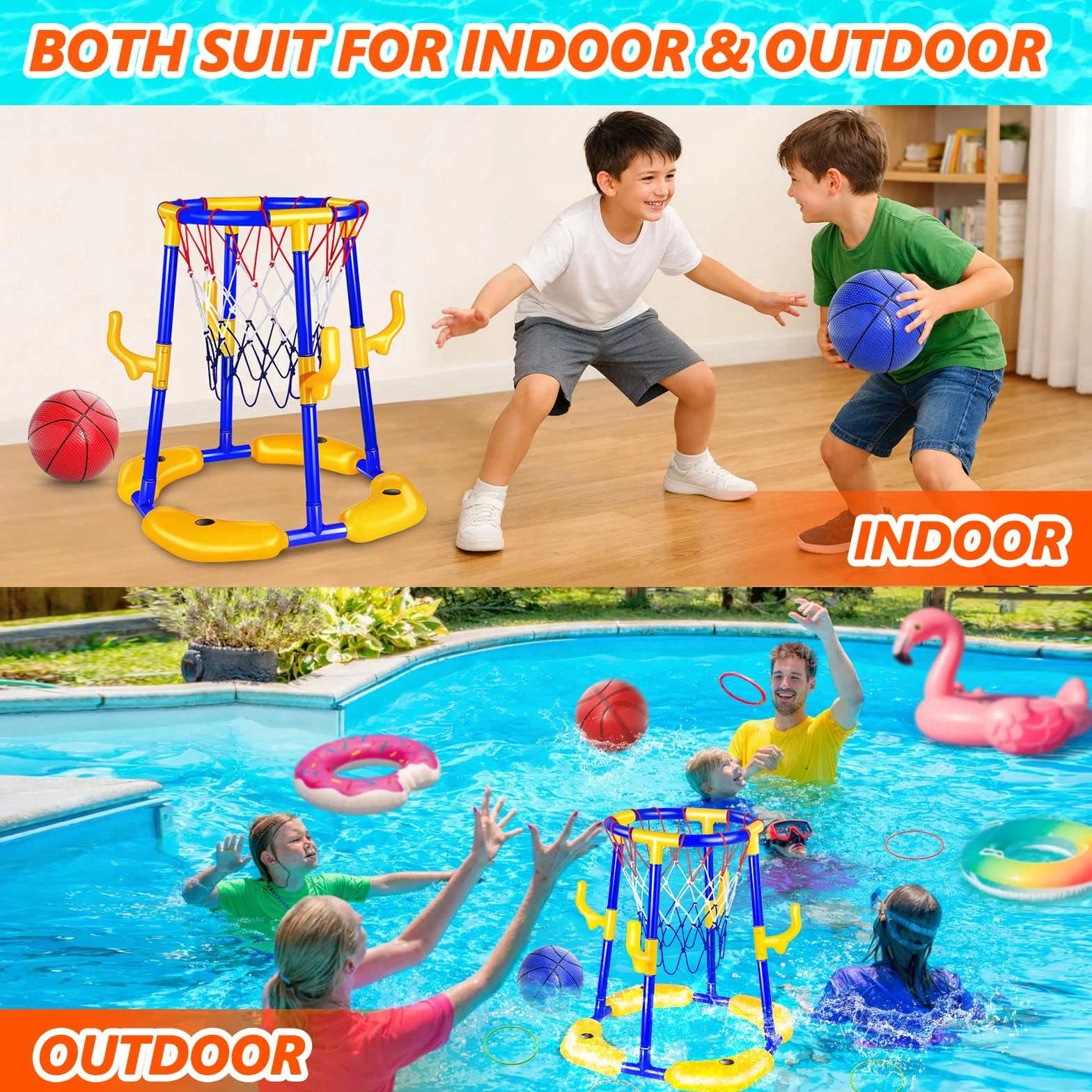 Set di canestro da basket per piscina Doviden _ Canestro da basket galleggiante per piscina con 4 palline da acqua, pompa e anelli, giocattolo da piscina 2-in-1 per adulti per adolescenti/bambini per