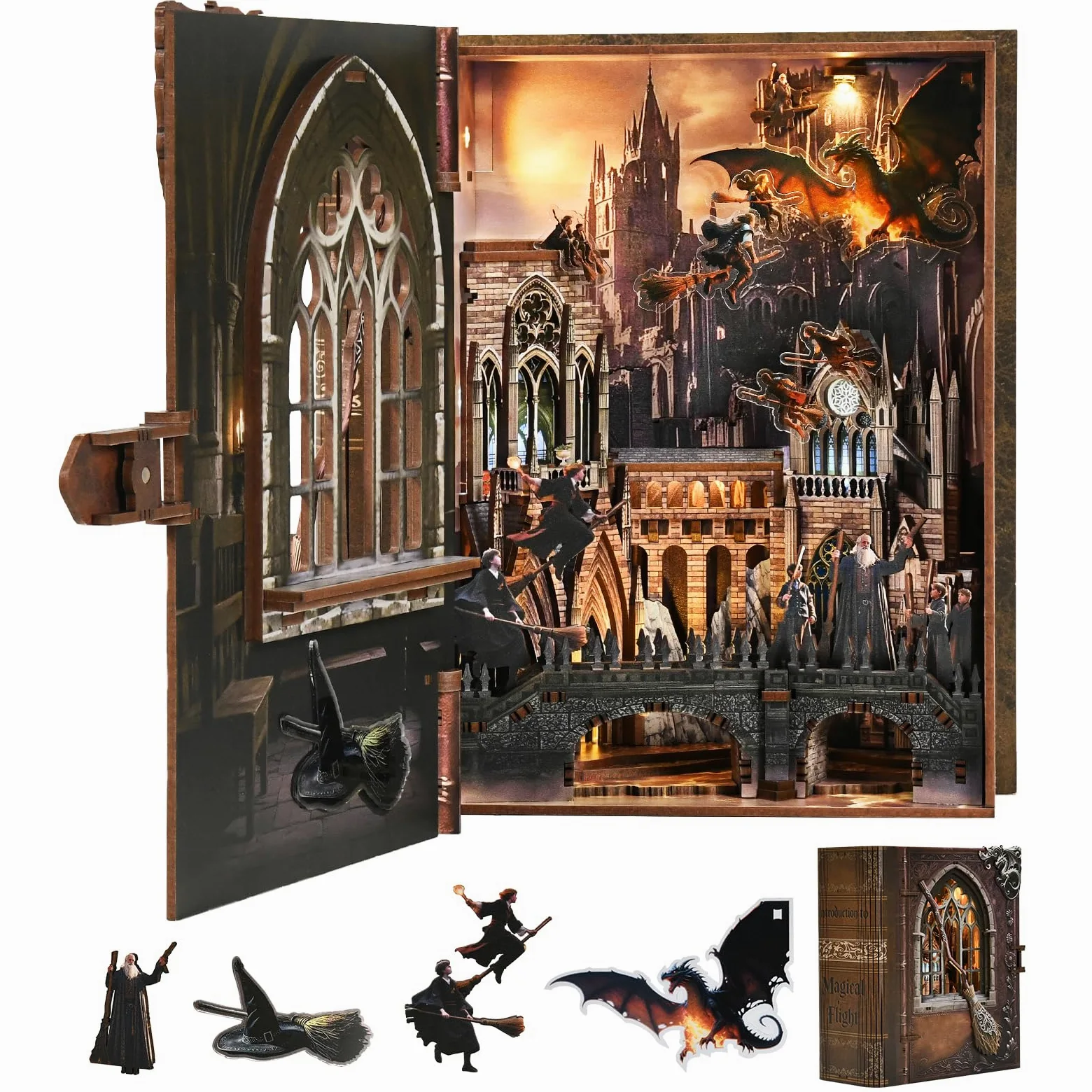 MiniCity Kit Book Nook con luce LED, kit per casa in miniatura per compleanno, puzzle 3D in legno, decorazione per libreria, per adulti, adolescenti, principianti (introduzione al volo magico)