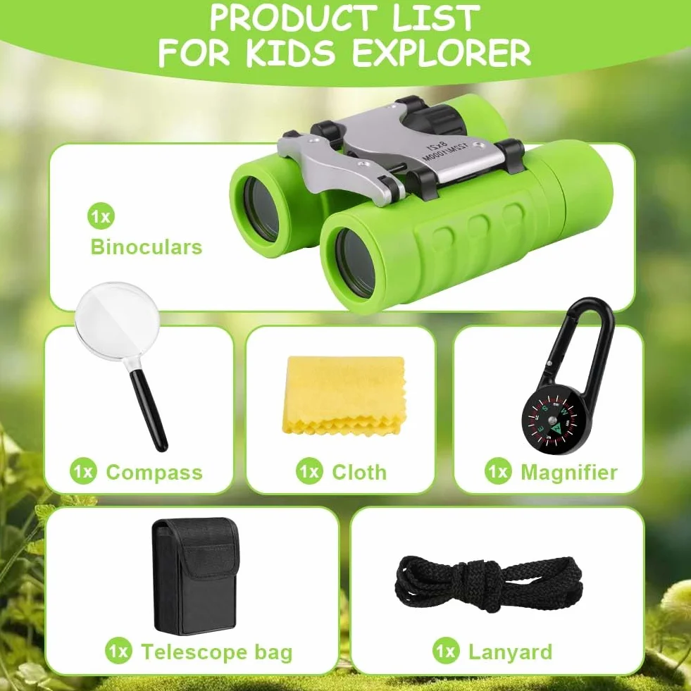OSDUE Binocolo per Bambini, 8x21 Ingrandimento Binocolo,Portatile Bambini Binocolos, Kit Esploratore Cannocchiale per 3-6 Bambino Bambina con Bussola e Lente D'Ingrandimento, per Bird Watching (Verde)