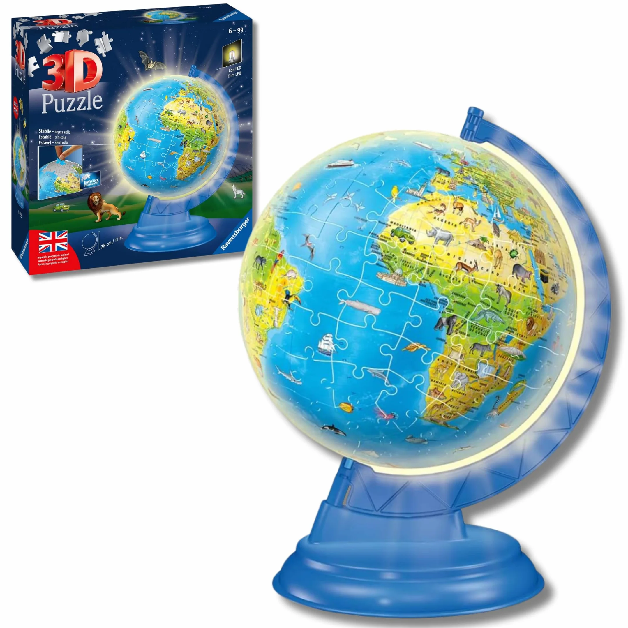 Ravensburger - Puzzle 3d Globo Terrestre Night Edition | Puzzle 3d Bambini A Partire Dai 6 Anni | Modellismo Da Costruire Bambini Di 188 Pezzi | Regalo Bambino 6 Anni E Più