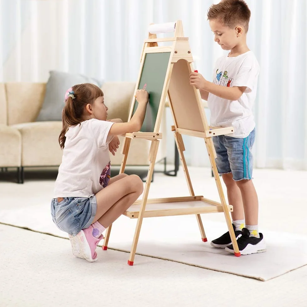 Lavagna per Bambini 3 in 1 Doppia Faccia Cavalletto Artistico in Legno con Rotolo di Carta Regolabile Altezza