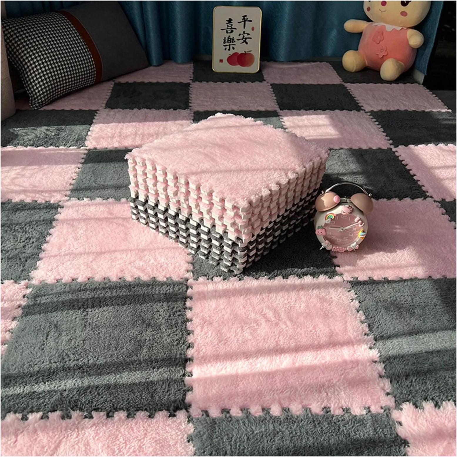 Tappeto ad Incastro Splice Tappeto ad Incastro Quadrato, 16 Pezzi Tappetino Puzzle in Schiuma, Facile da installare per Soggiorno e Camera da Letto Tappeto in Schiuma,Pink+gray-1cm
