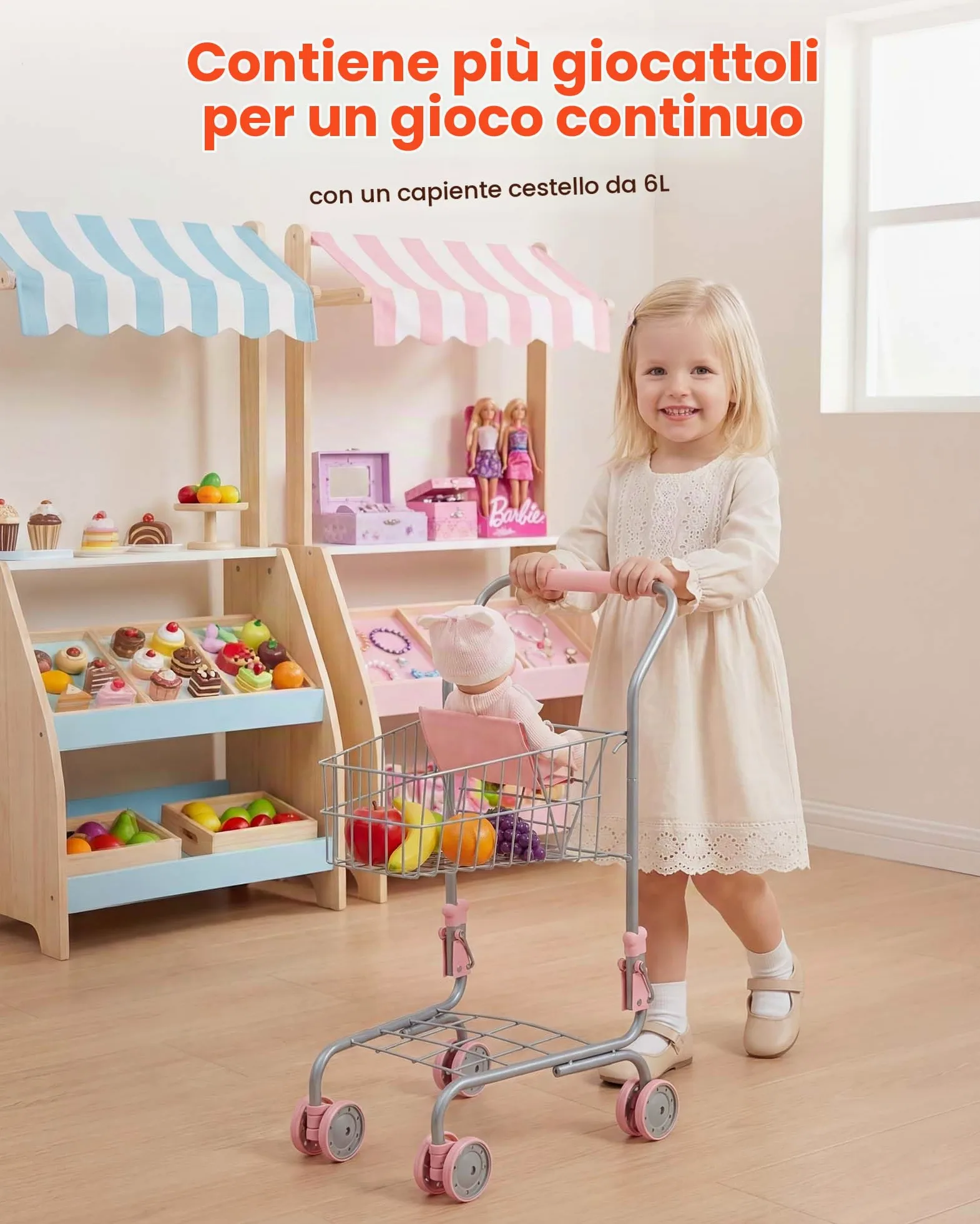 VEVOR Carrello della Spesa Giocattolo per Bambini dai 3 Anni, Carrello Supermercato Giocattolo, Telaio Robusto in Metallo, Sedile per Bambole, Ruote Scorrevoli, Cestino a Rete, Gioco di Ruolo Negozio