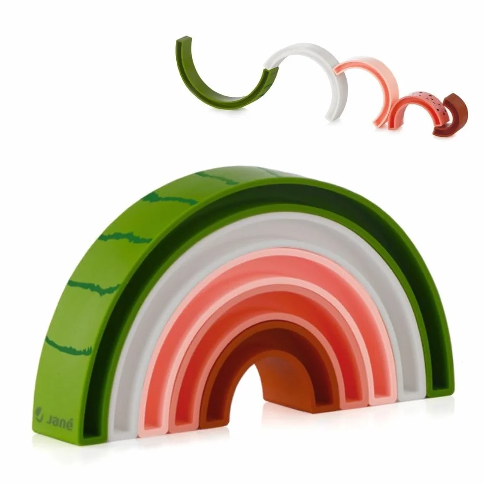 Jané Gioco Impilabile Silicone Bambino, Montessori Educativo, Forme e Colori, Motricità, Senza BPA, 1 2 3 Anni, Colore Watermelon