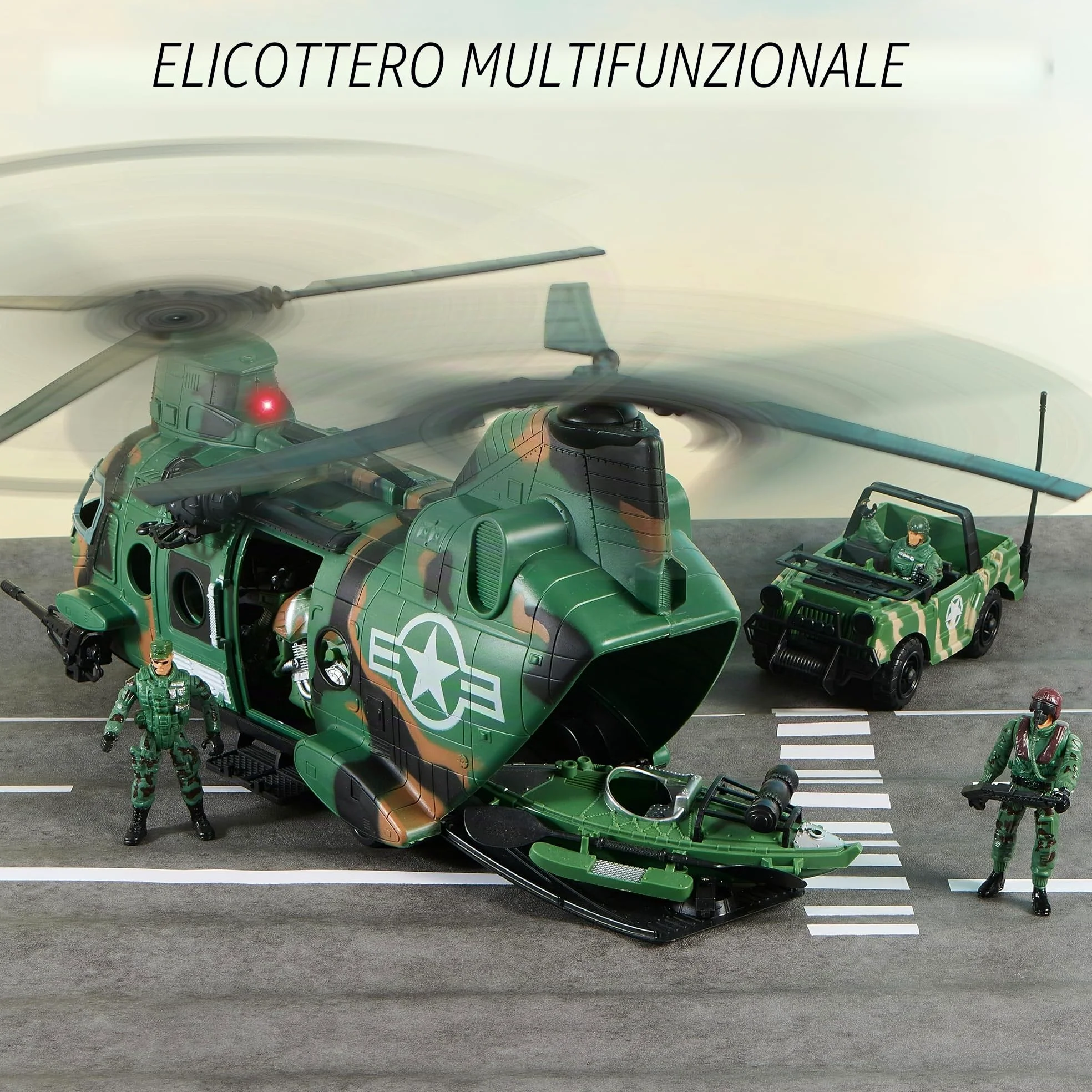 JOYIN 10-in-1 Jumbo Giocattolo Elicottero da Trasporto Militare Set Compreso Elicottero con Luci e Suoni Realistici, Camion Militare, Barca Kayak, Moto, Action Figure