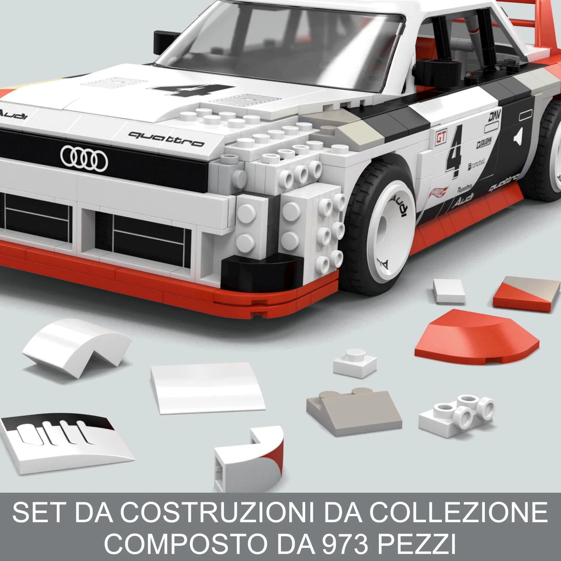 MEGA Hot Wheels - Audi 90 Quattro IMSA GTO, macchina da costruire con 973 pezzi e mini veicolo die-cast incluso, set per collezionisti da esporre, 18+ anni, HRY20