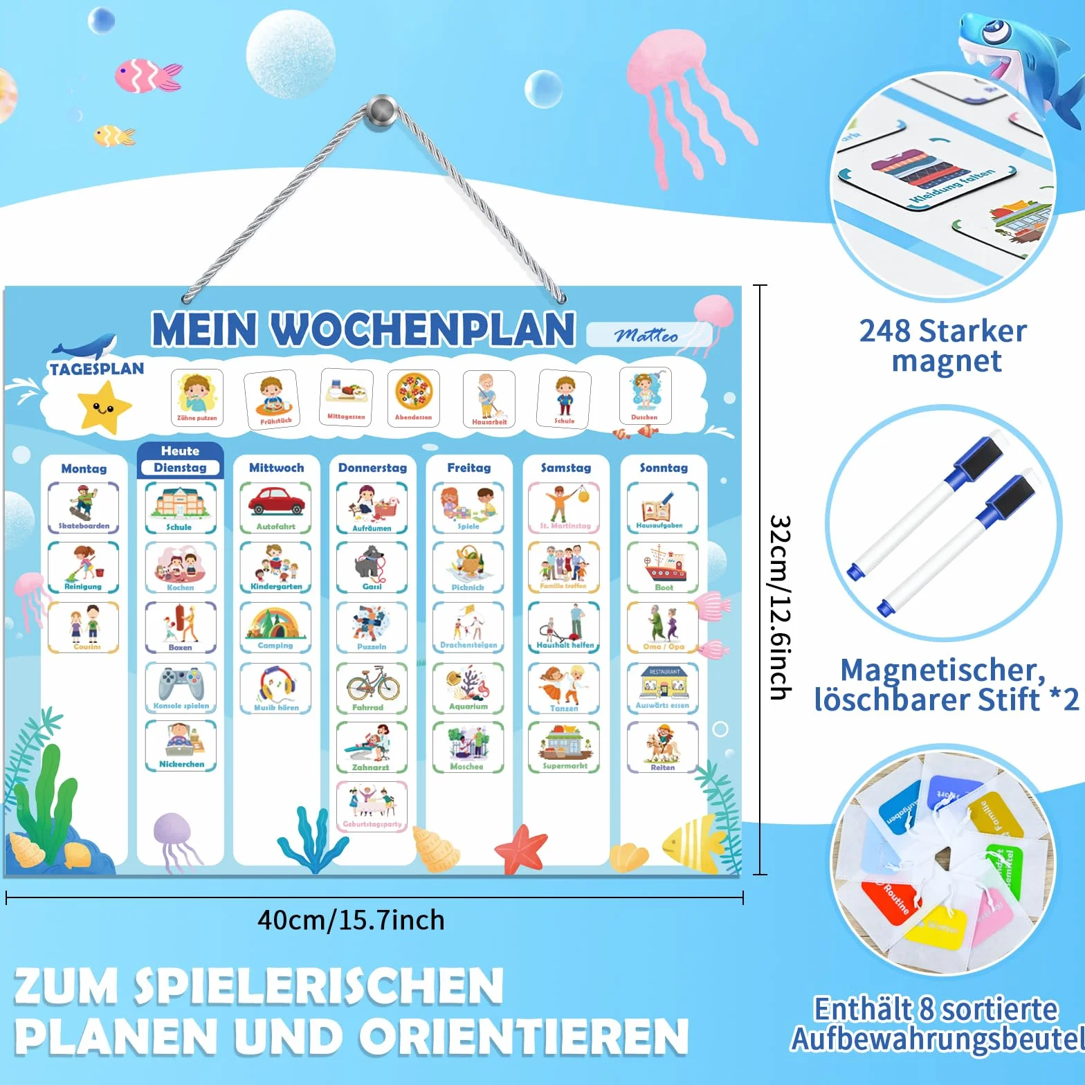 FORMIZON Montessori, agenda settimanale per bambini, lavagna magnetica con 248 magneti, custodia e penna, calendario per bambini, programma giornaliero e programma settimanale, gioco educativo