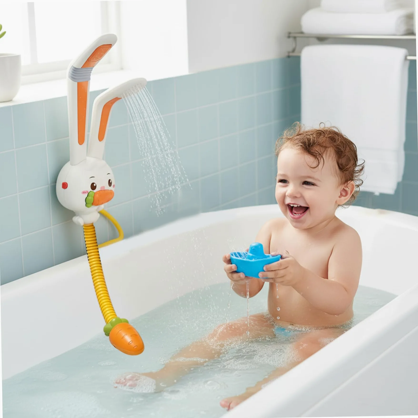 Soffione doccia per bagnetto, simpatico coniglietto, spruzzatore per bagnetto, giocattoli elettrici in plastica per doccia, ideali per vasca da bagno, ragazzi e ragazze