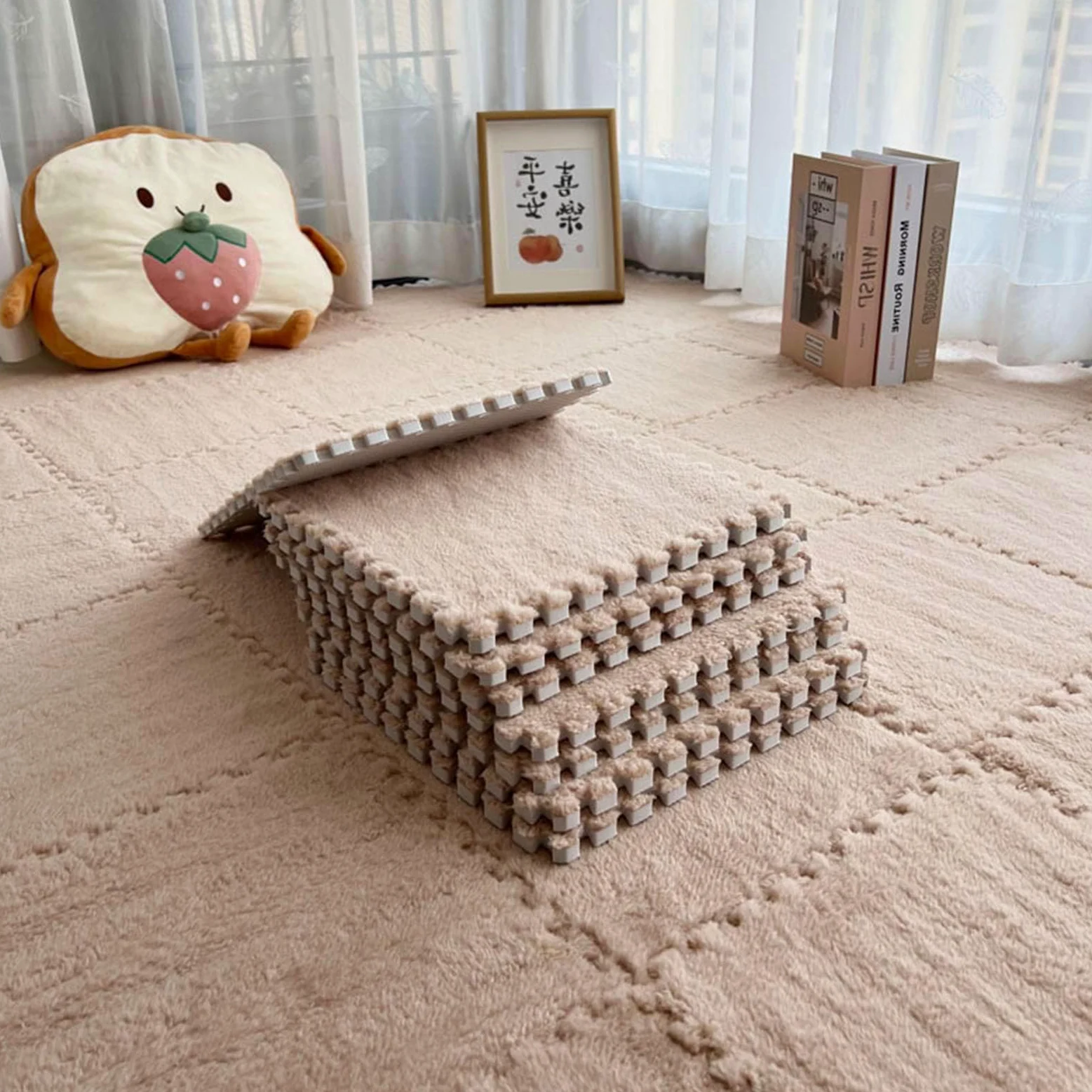 Splice Interlocking Carpet 5 Pezzi Tappetino Interlocking, Tappeto Puzzle Quadrato Morbido, Tappetino Piastrelle Morbido e Soffice, Sala Giochi, Tappeti Camera da Letto T,Apricot