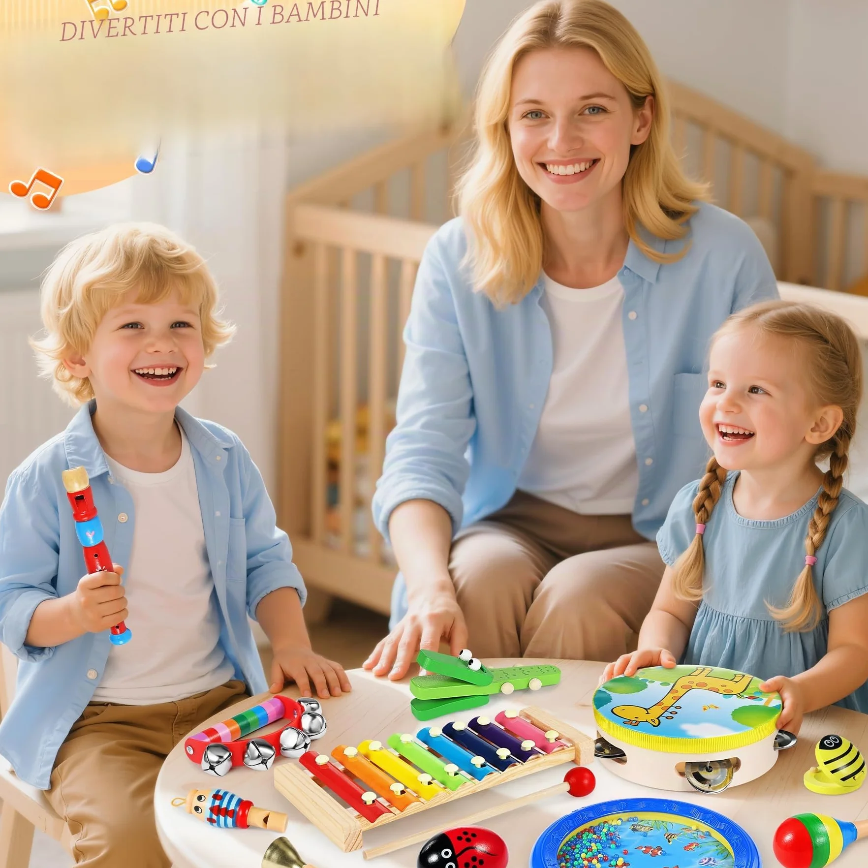 Strumenti Musicali, 24 Pezzi Percussioni con Borsa, Tamburo Perline Oceaniche, Compleanni Musicali, Creativi ed Educativi e Regali di Natale per Bambini 3+