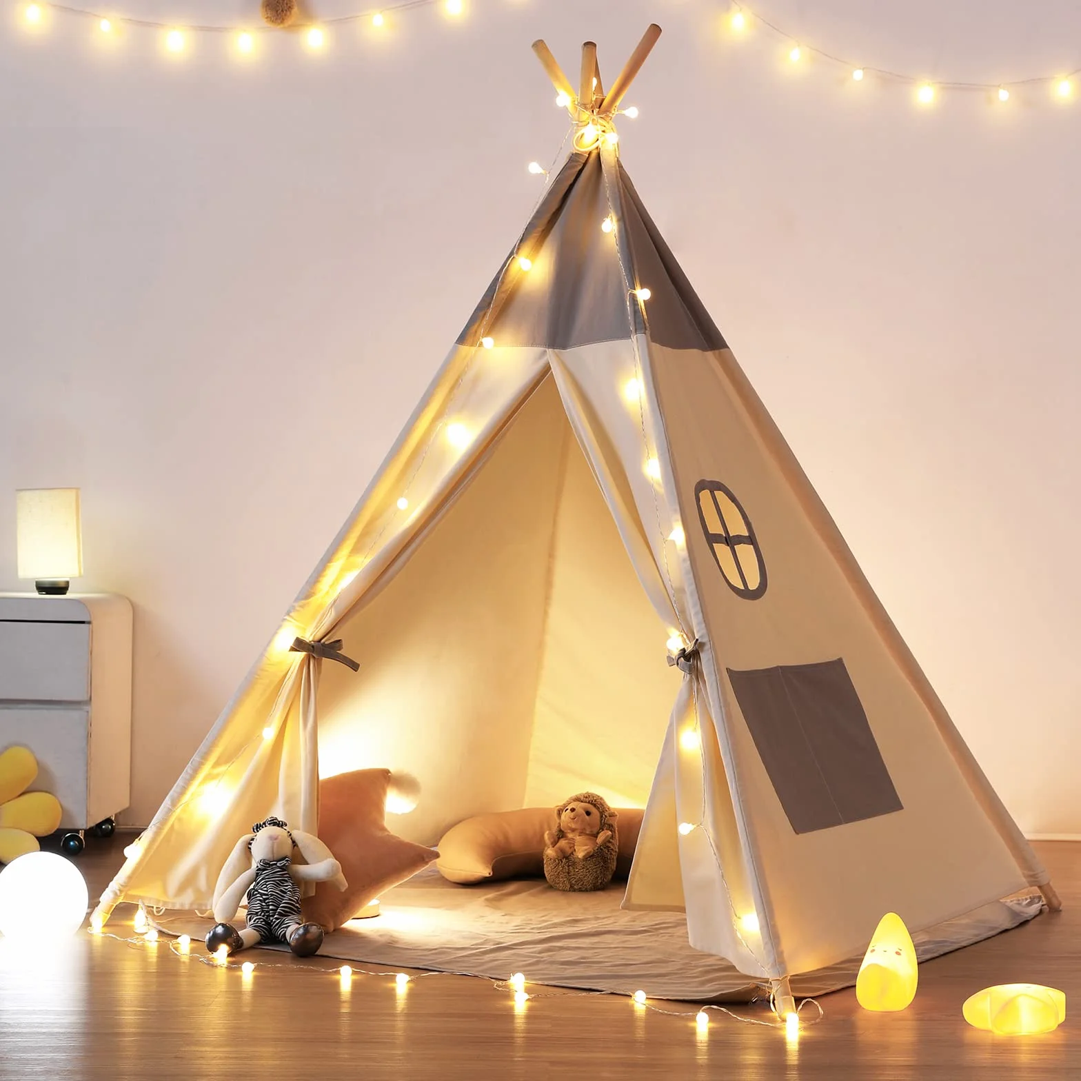 besrey Tenda per Bambini da Gioco in Tela Indiana Teepee in Cotone con Luci Fatate + Grigio Opaco