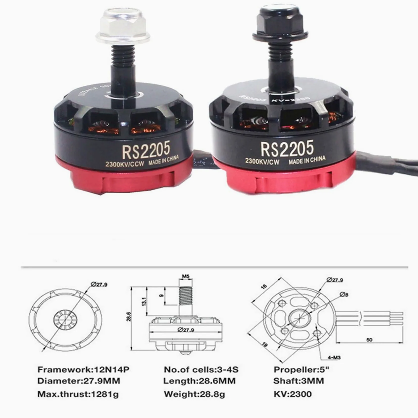 4X Motore Brushless RC RS2205 2205 2300KV per 2-6S 20A/30A/40A ESC FPV RC QAV250 X210 Racing Drone Multicopter(CW)